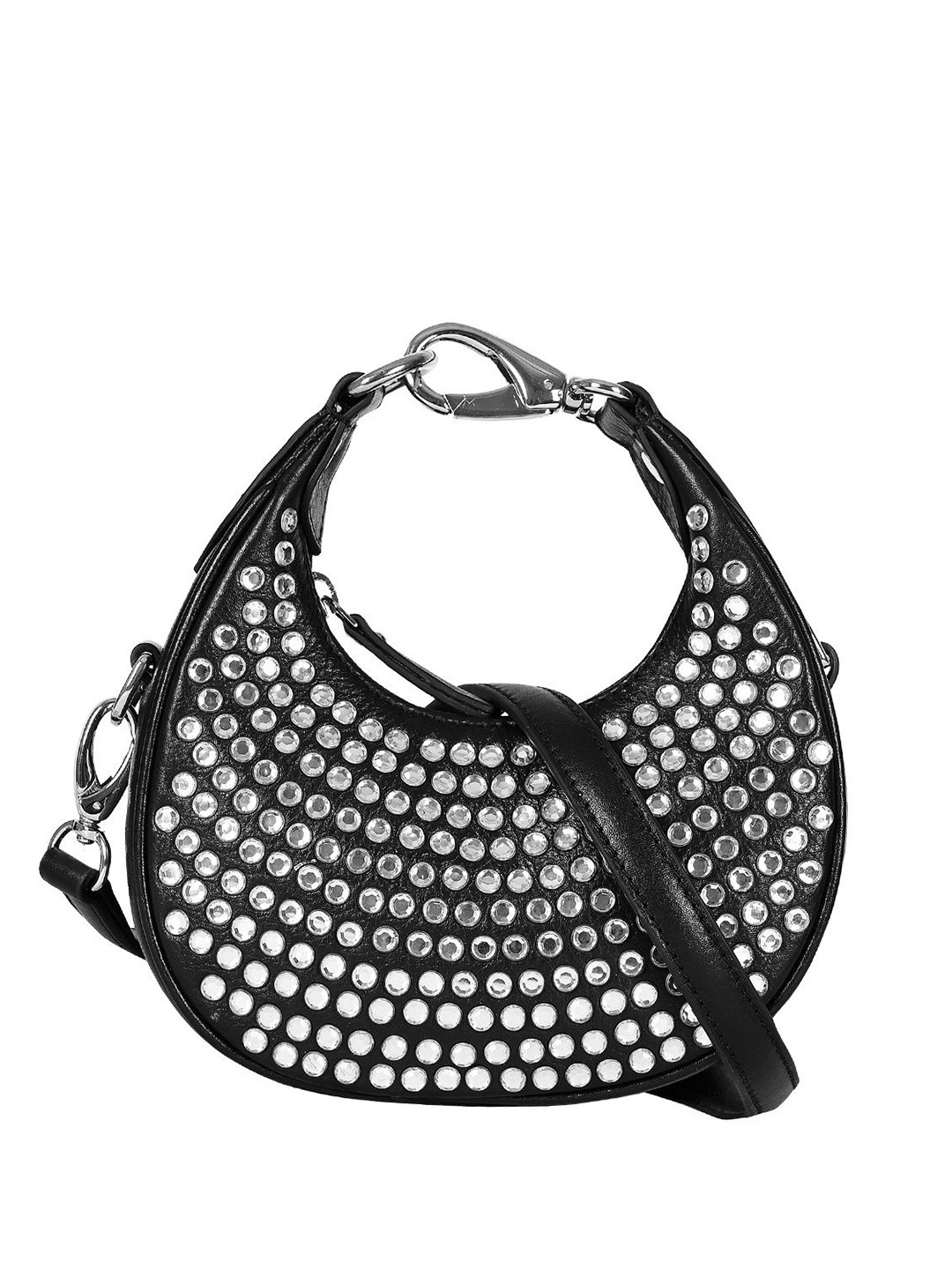 eske Women Black Embellished Moon Shape Versatile Strap Leather Hobo Shoulder Bag