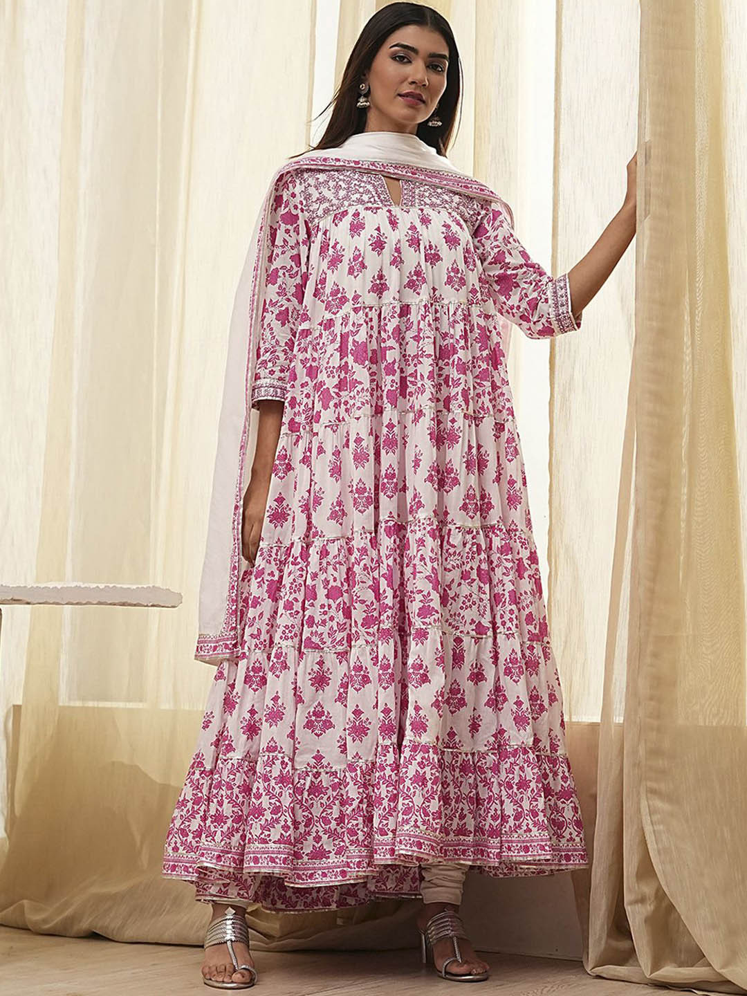Biba Floral Printed Notch Neck Layered Pure Cotton Kurta With Churidar And Dupatta