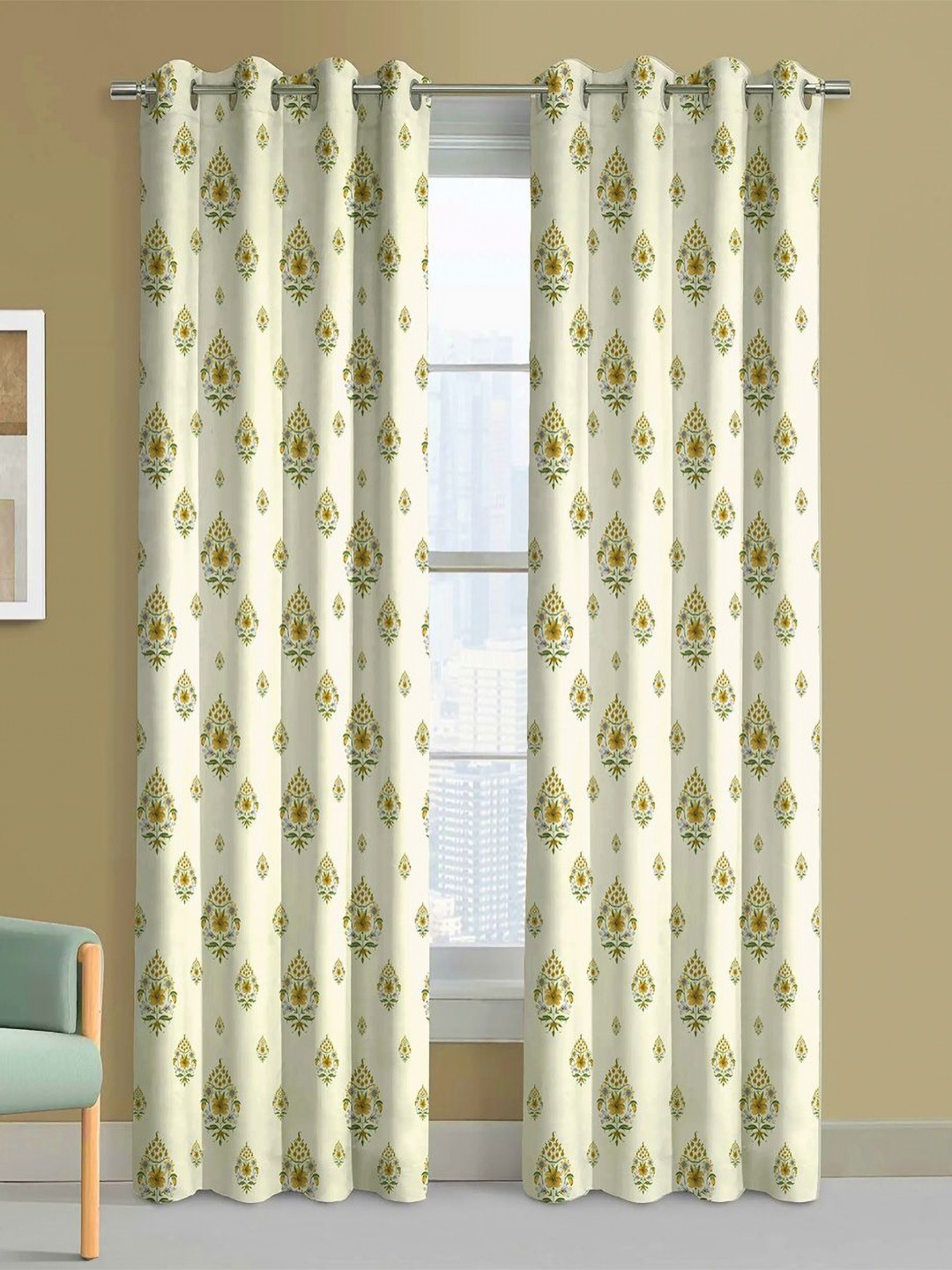 Steve & Anderson Bharat Motifs Mustard And White 2 Pieces Long Door Curtain (9Feet)