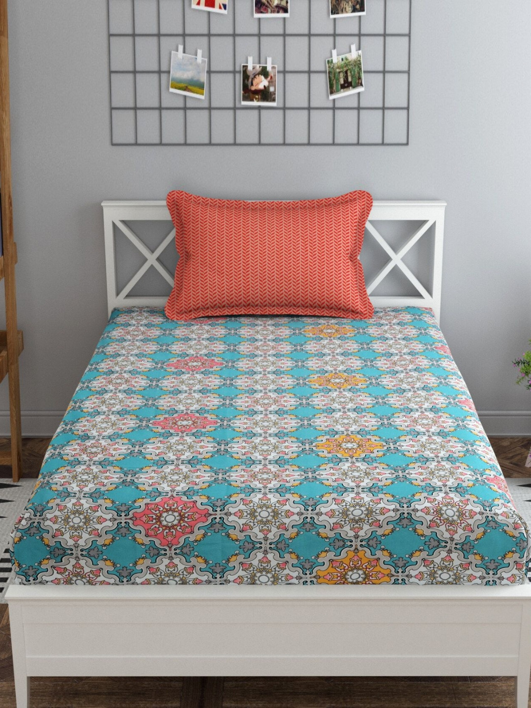 MAFATLAL Luxe-Single Collection Blue Floral Microfiber 120 TC Single Bedsheet with a Pillow Cover-90 x 60 inches