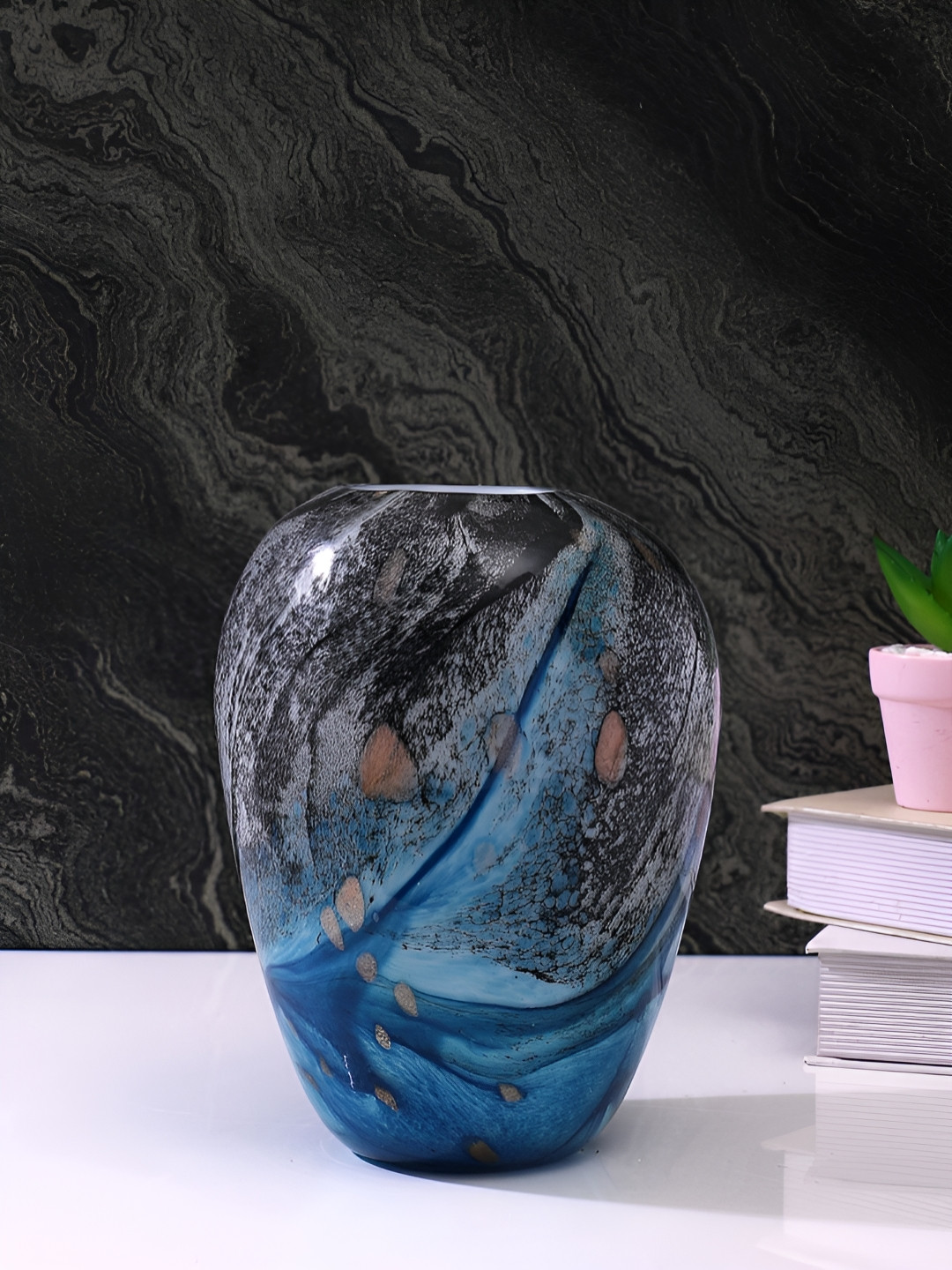 Myntra Elegant Homes Swirl Black & White Printed Glass Flower Vase