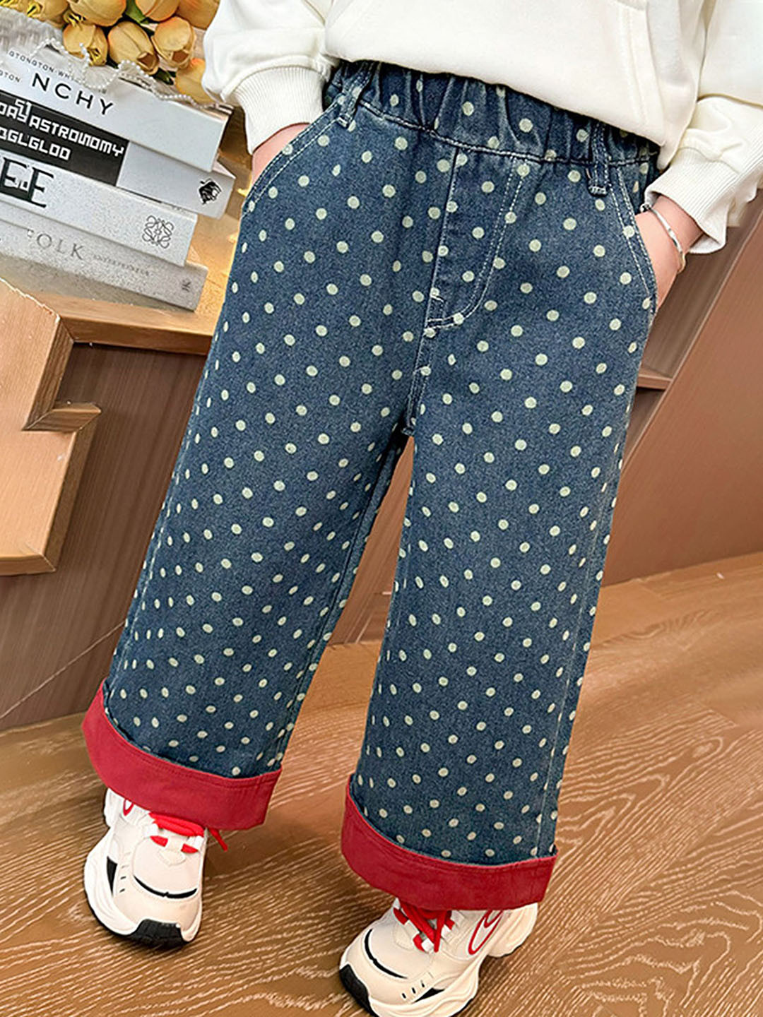 LULU & SKY Girls Blue Polka Print Clean Look Elasticated Slip-On Jeans