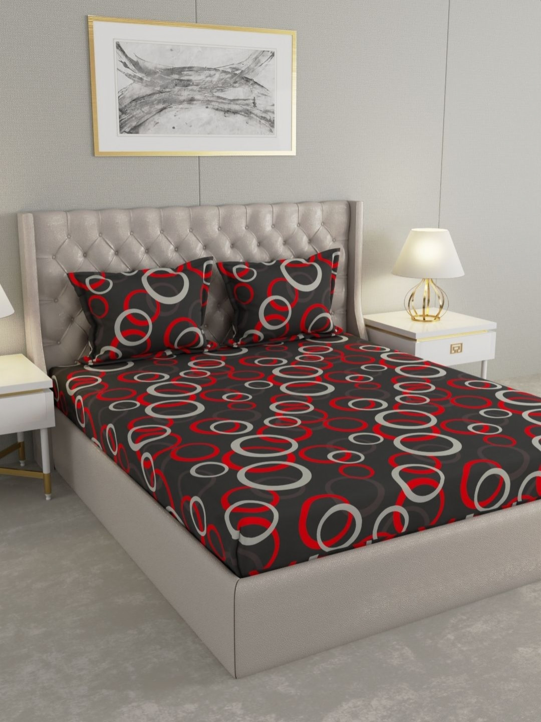 Raymond Home Insignia Charcoal Geometric Microfiber 120 TC Queen Fine Bedsheet with 2 Pillow Covers-98 x 89 inches