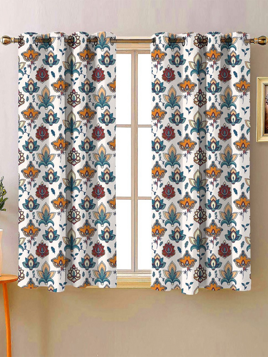 Steve & Anderson Indian Motifs Mustard And White 2 Peices Printed Window Curtains (5 Feet)