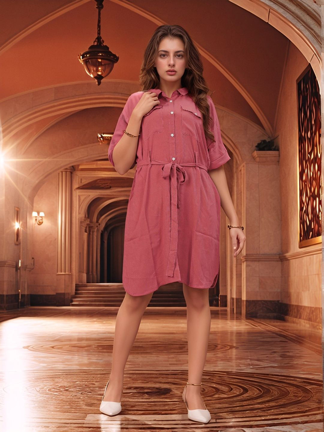 Bucciato Private Limited Women Shirt Collar Cotton Shirt Knee Length Dress