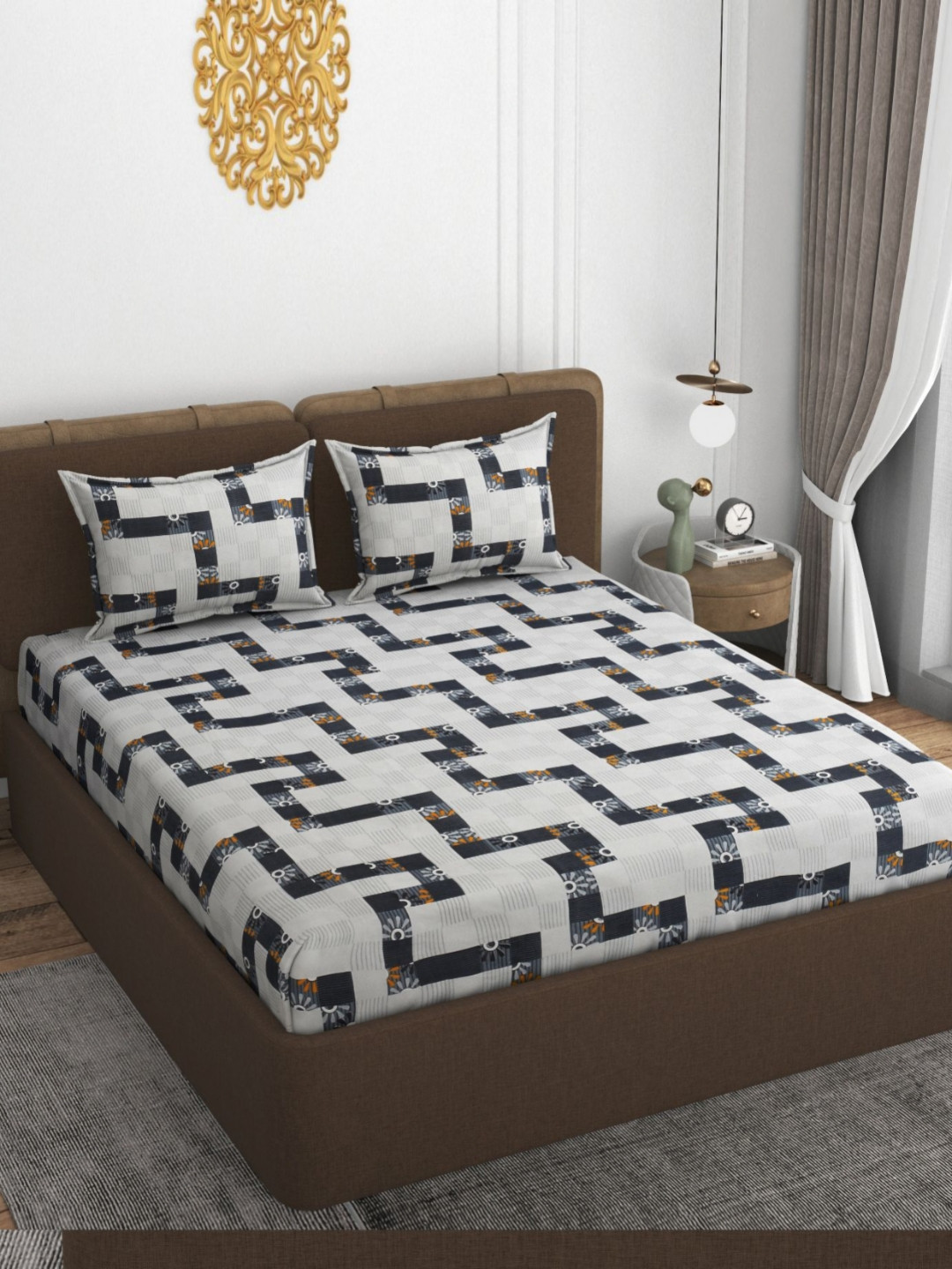 VOMZER White & Blue Printed Cotton 210TC King Bedsheet Set- 1.98 m x 1.83 m