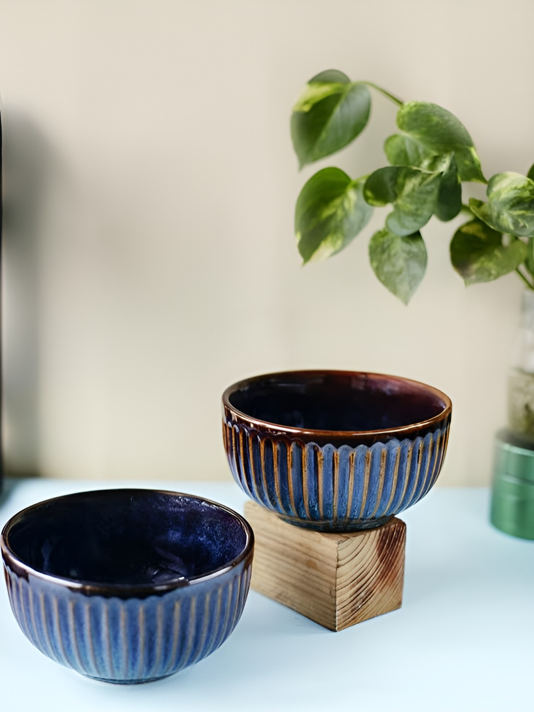 Rare Planet Brown & Blue 2 Pieces Ceramic Dishwasher and Microwave Safe Serving Bowl