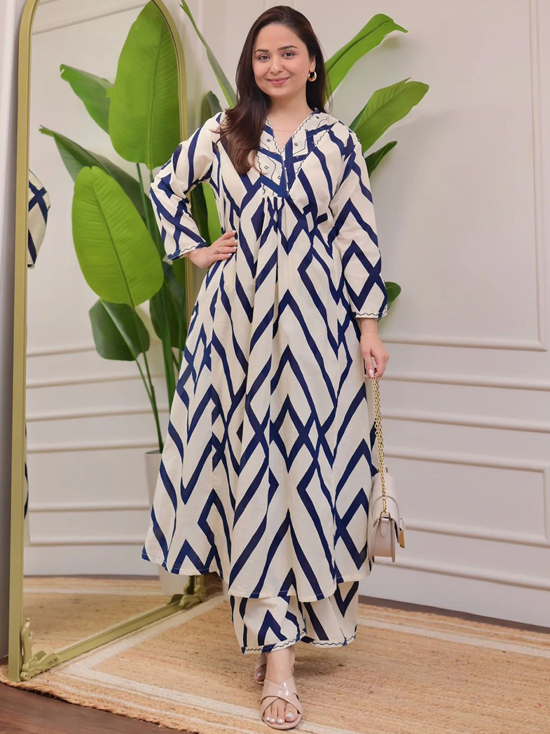 Light Daisy Geometric Printed A-Line Pure Cotton Kurta With Trouser