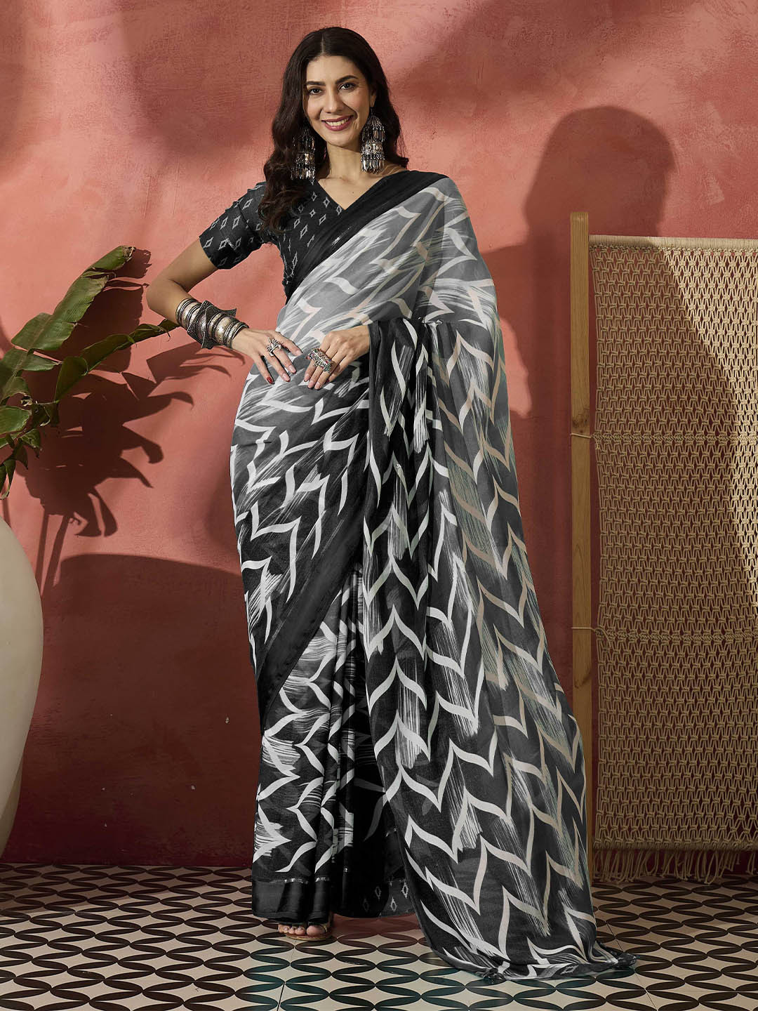 Sangria Printed Leheriya Saree With Blouse