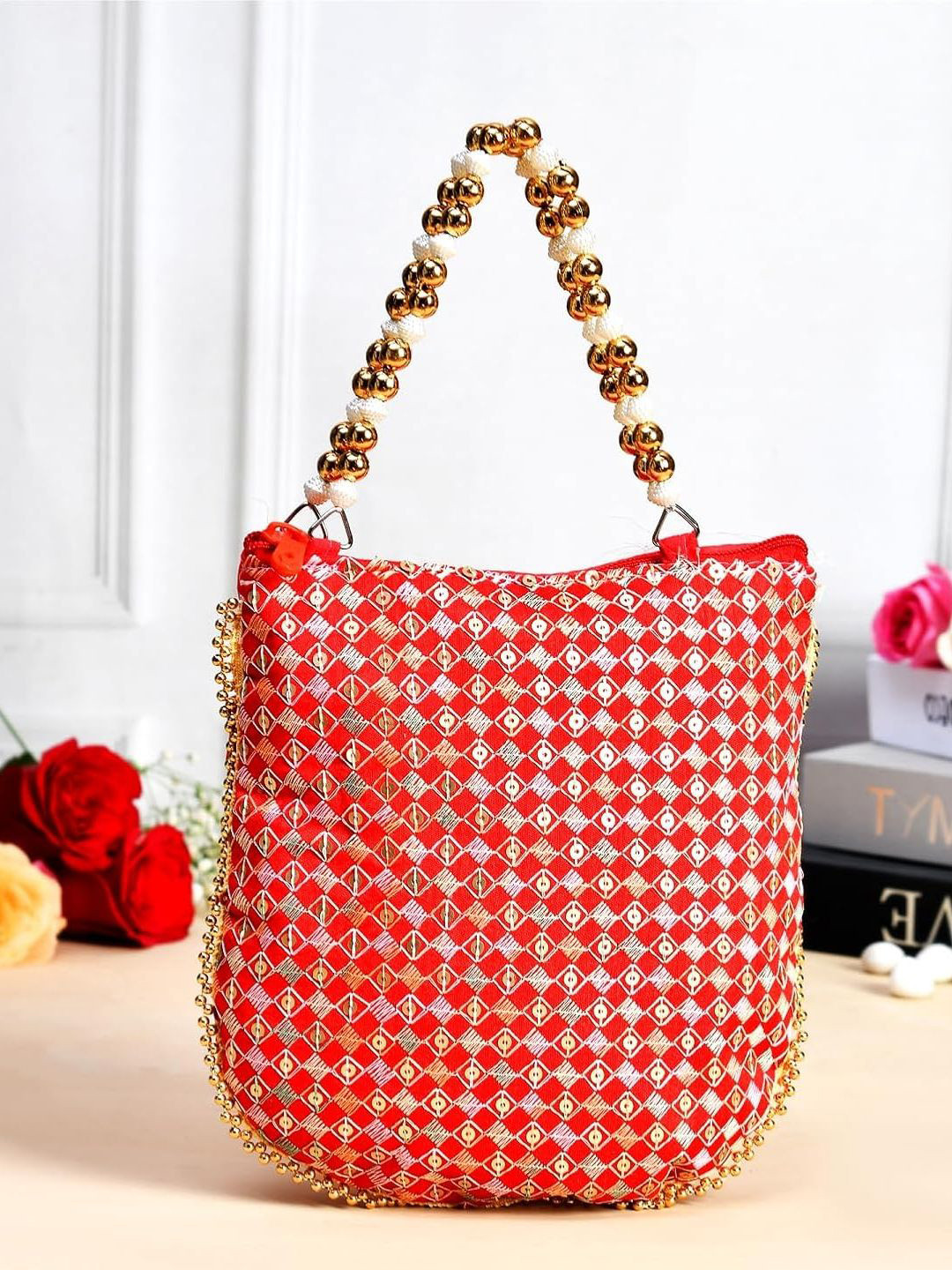 Kuber Industries Silk Embellished Potli Clutch Double Handle Zip-Potli