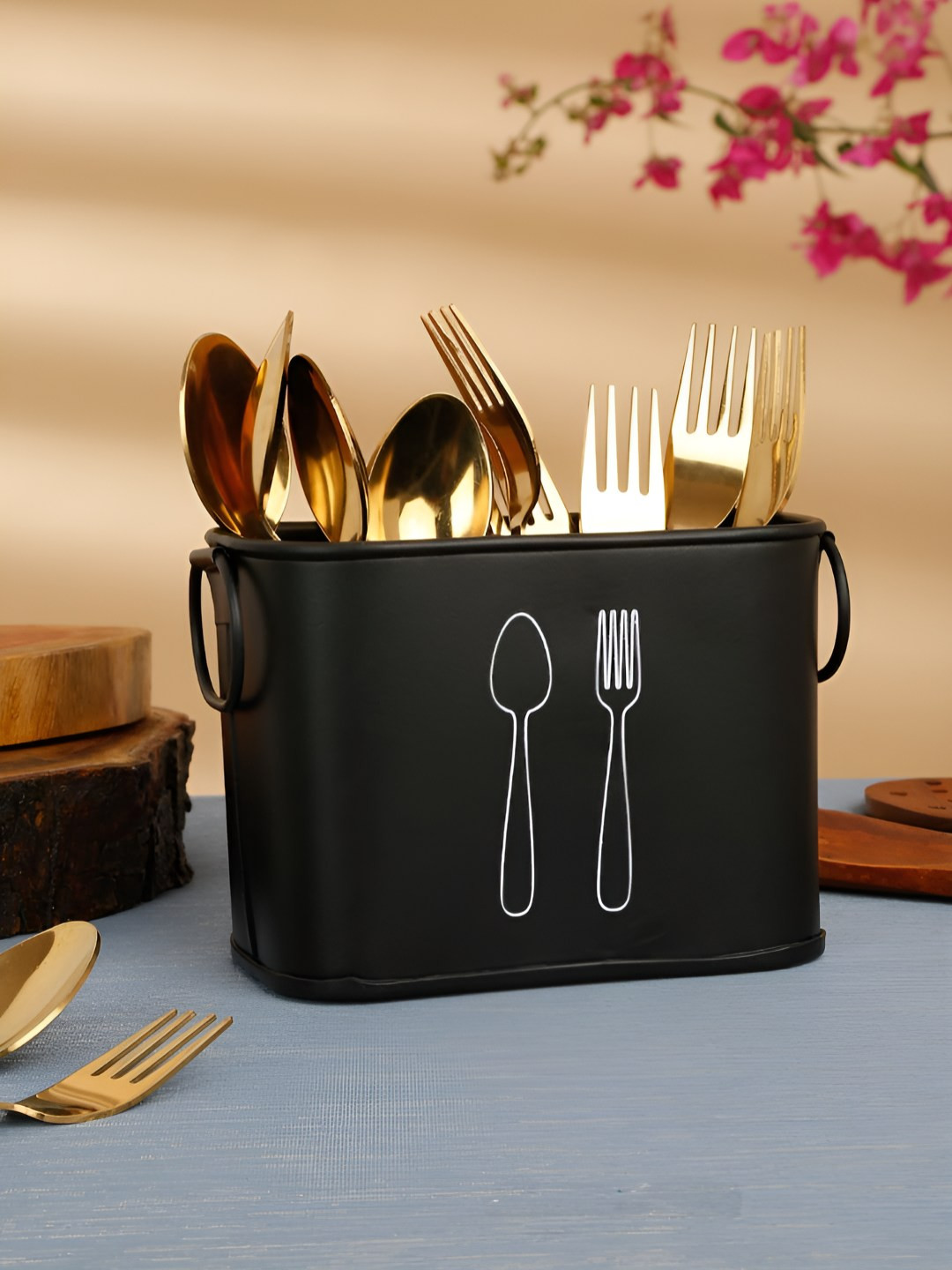 Homspurts Black & White Spoon & Fork Printed Cutlery Holder