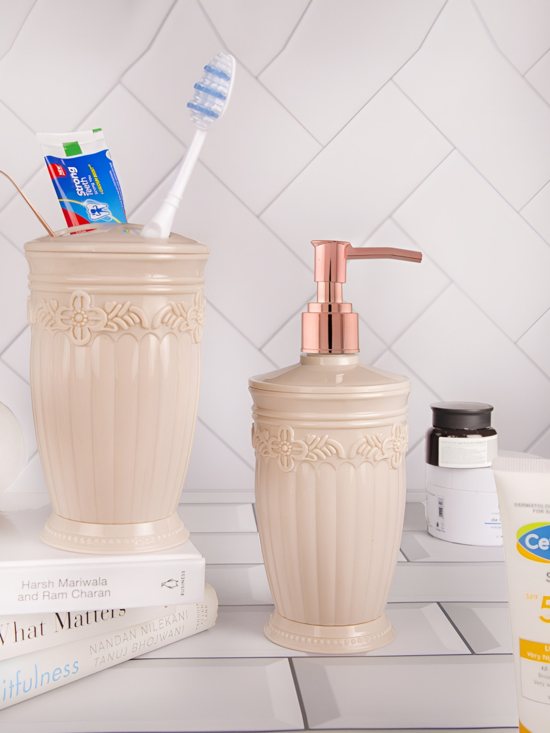 Nayasa Bianca Set Of 2 Cream Bathroom Plastic Soap Dispenser & Tooth Brush Holder