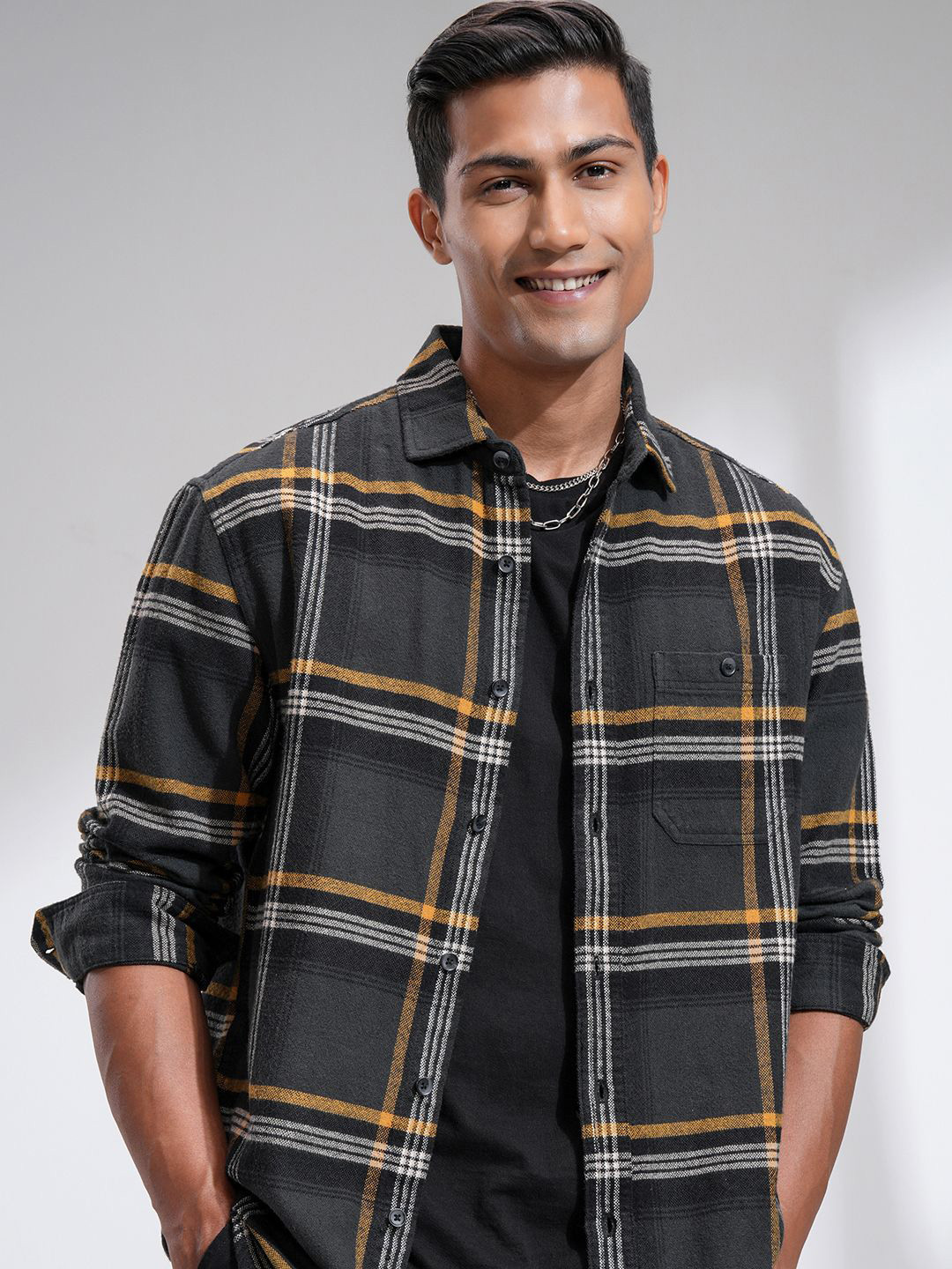 HIGHLANDER Men Flannel Oxford Textured Checked Relaxed Overshirt