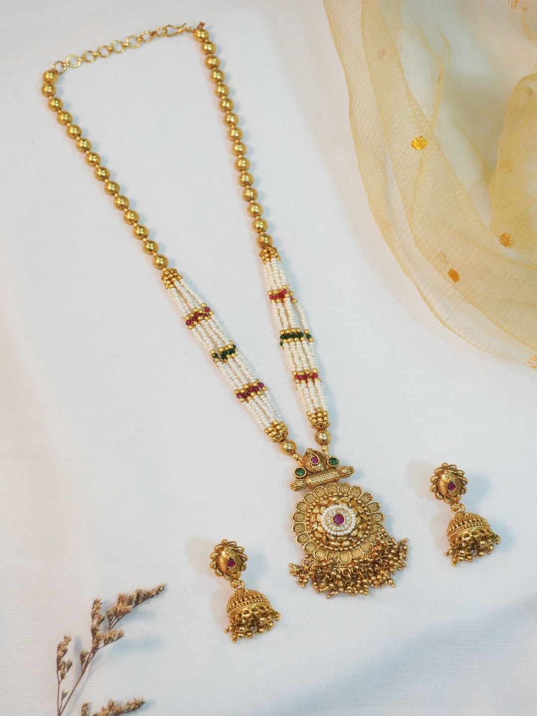 Niscka 24K Gold Plated Stones-Studded & Beaded Necklace And Earrings