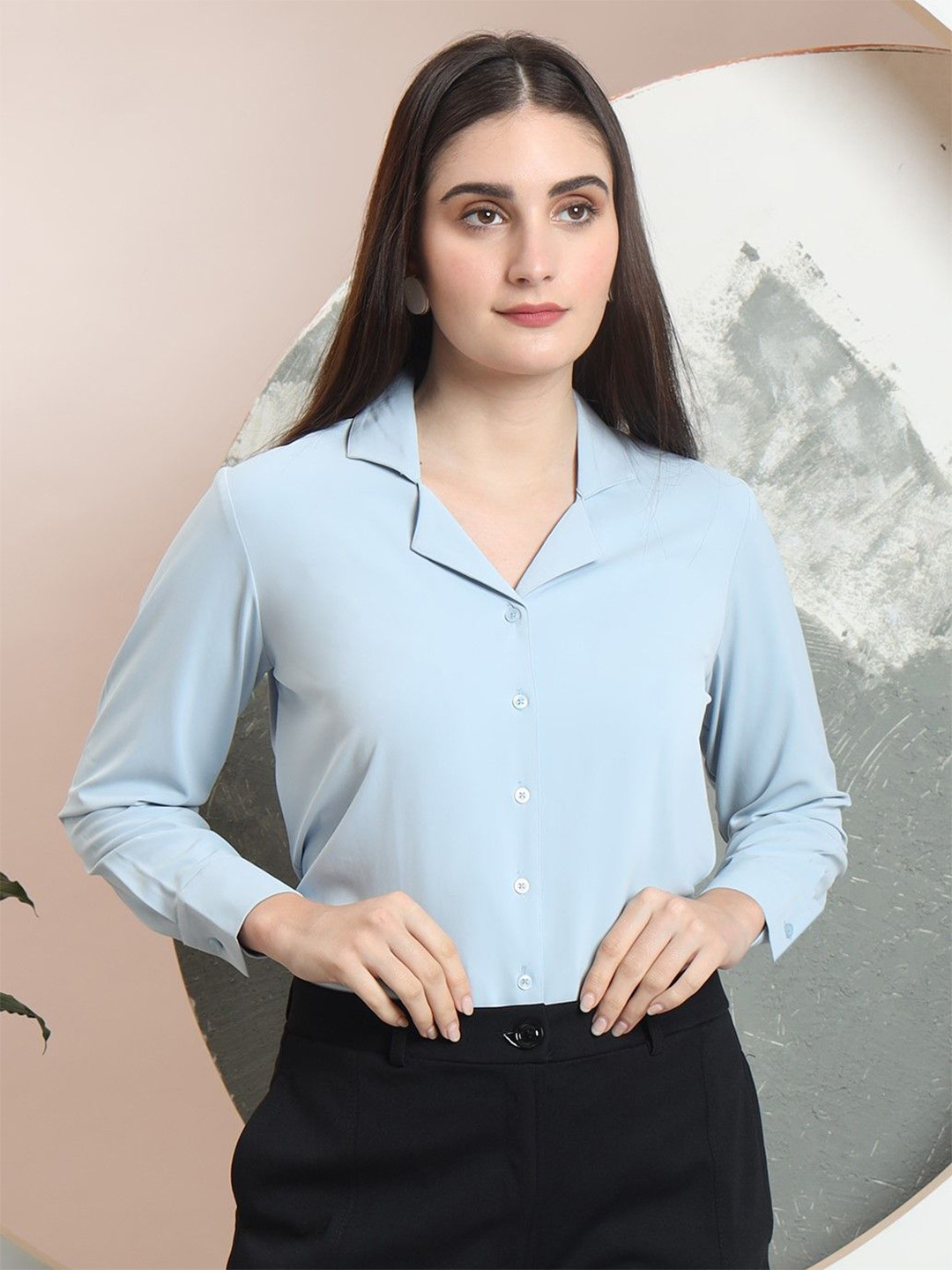 FITHUB Women Cuban Collar Solid Cotton Formal Shirt