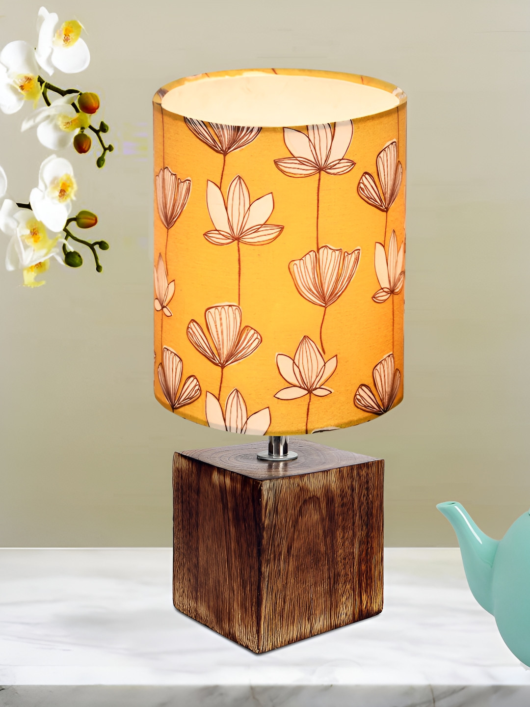 Homesake Yellow and White Floral Printed Wooden Cylindrical Shaped Table Lamp