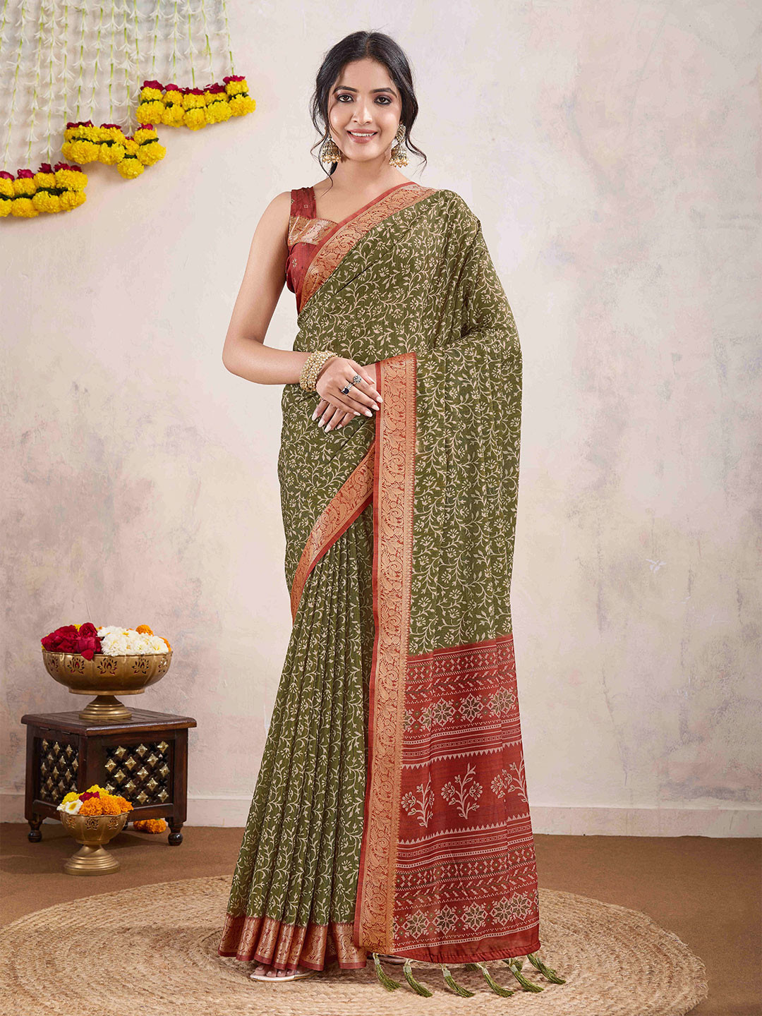 Mitera Ajrak Printed Pure Crepe Dabu Saree