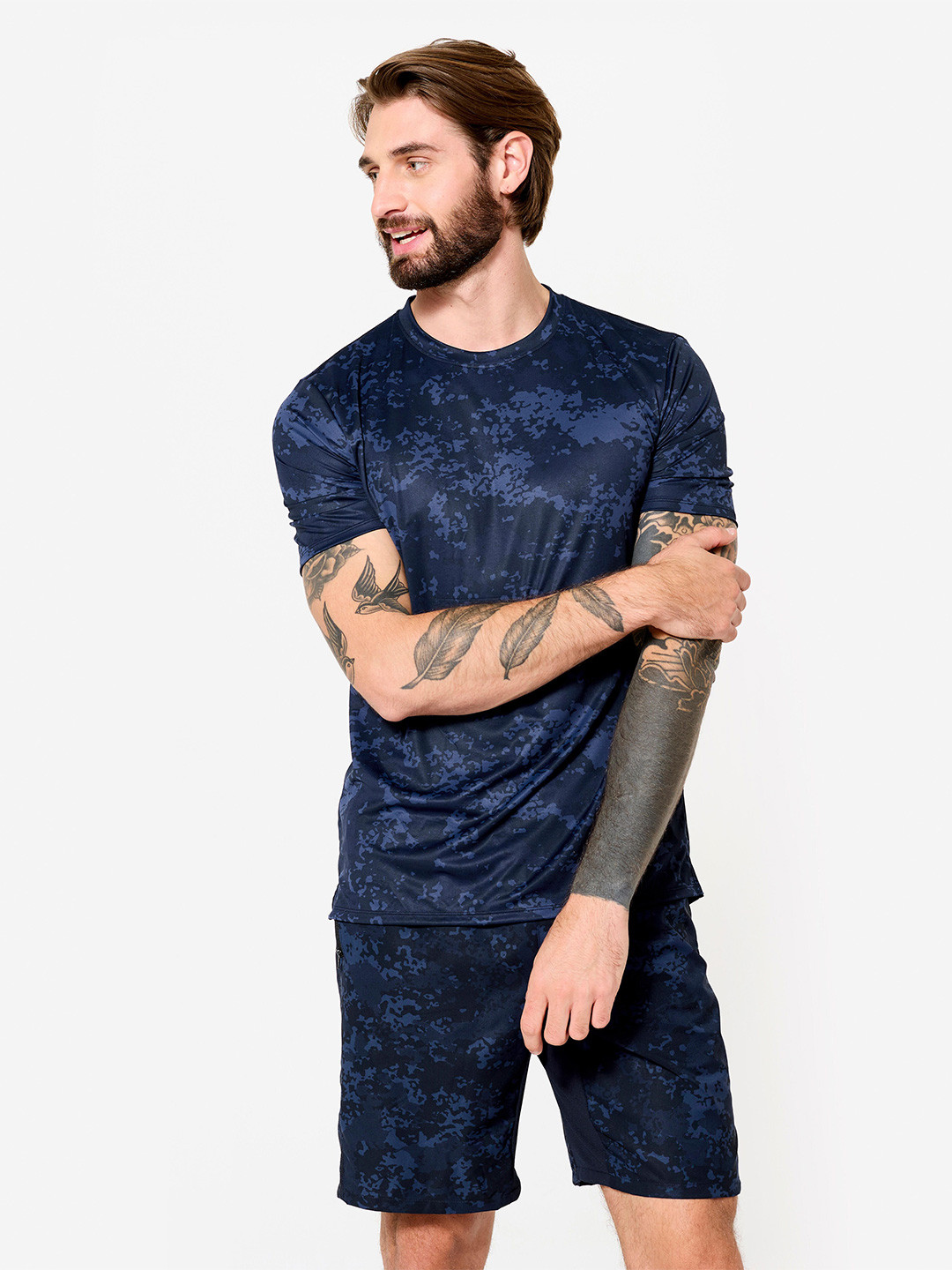 Decathlon DOMYOS - Mens Dark Blue Camo Printed Quick Dry Fitness Tshirt