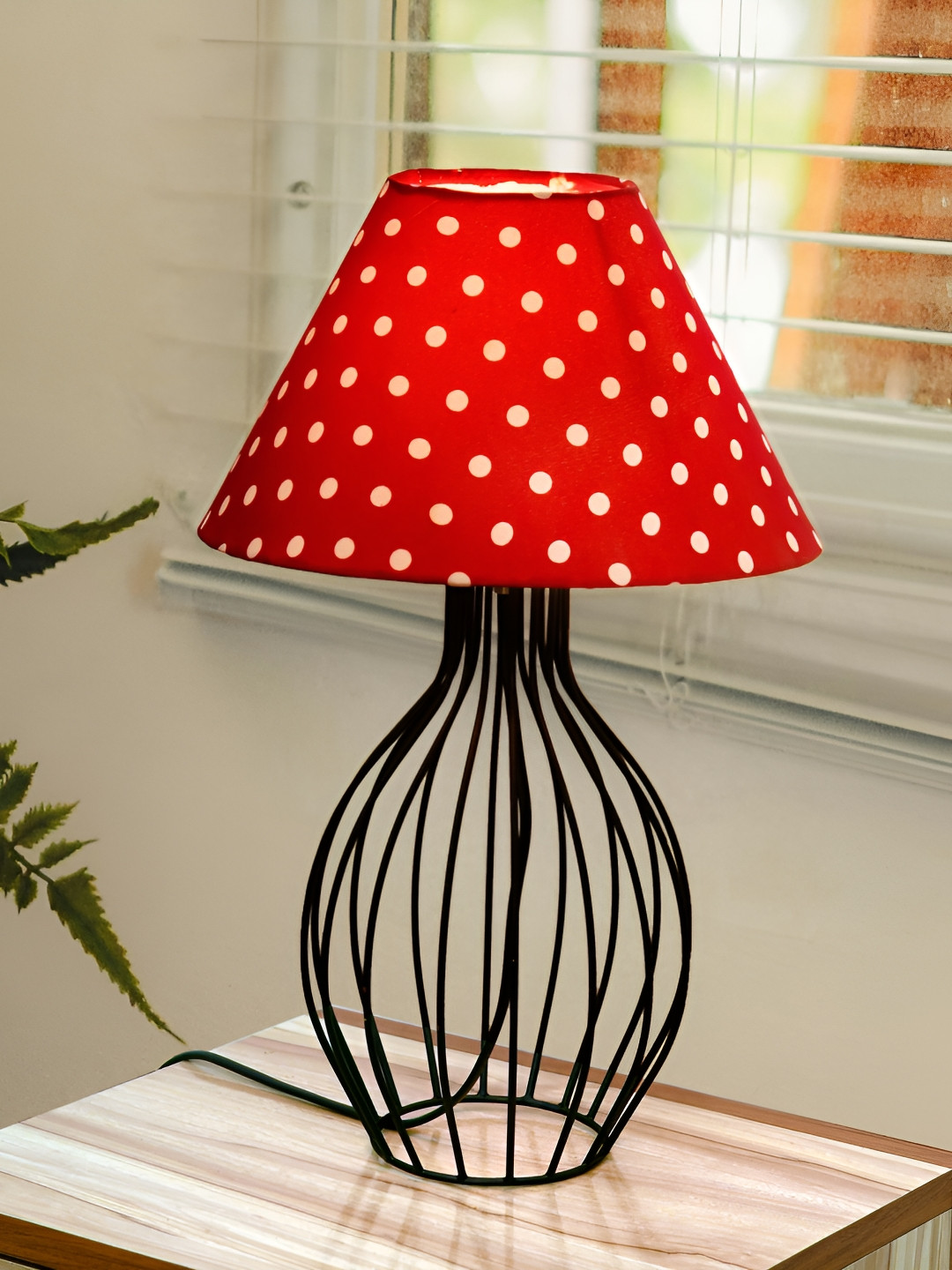 Homesake Red & White Polka Dots Printed Frustum Shaped Metal Table Lamp