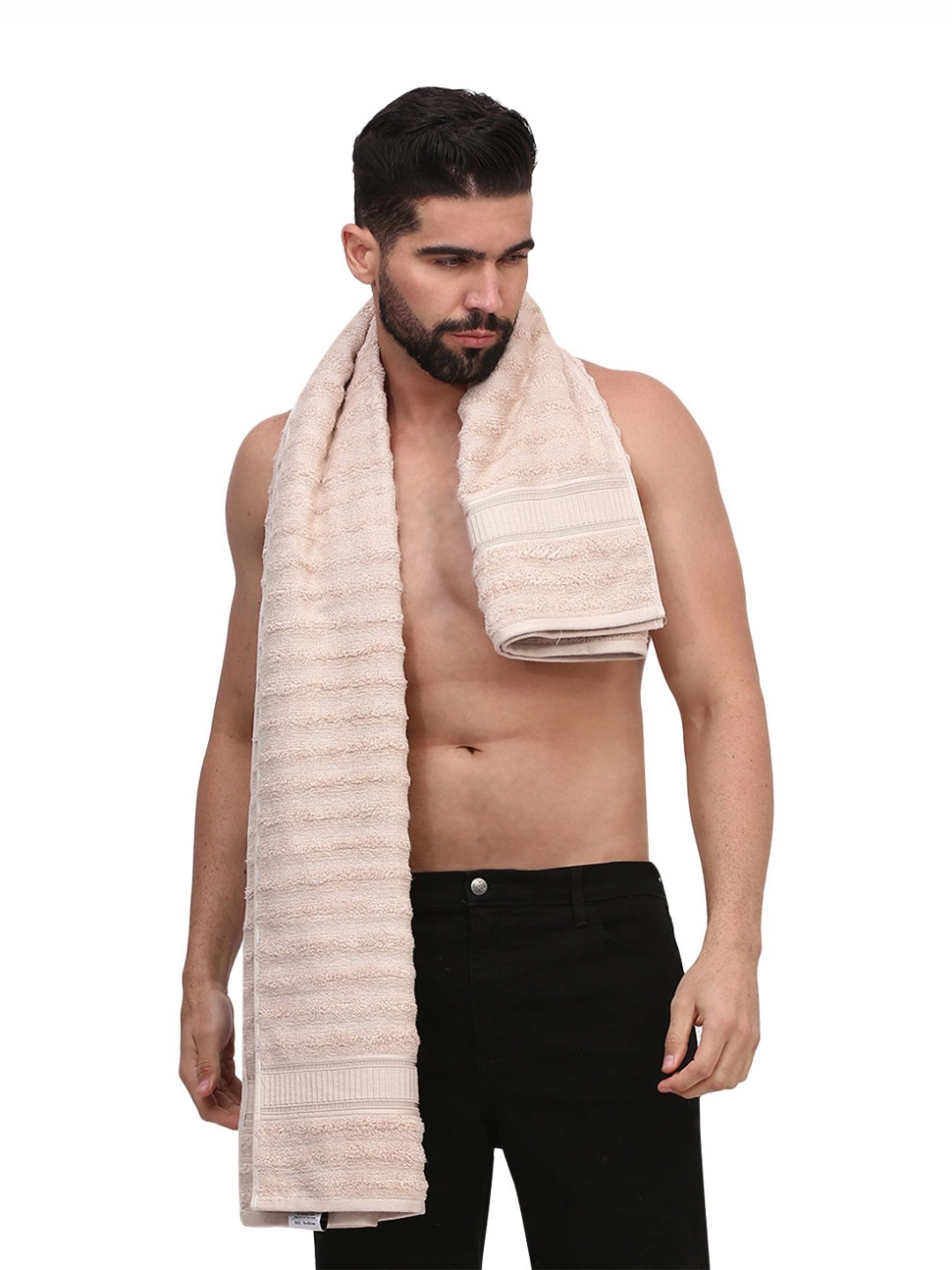 Dollar Cream-Coloured Striped Bamboo 600 GSM Bath Towel