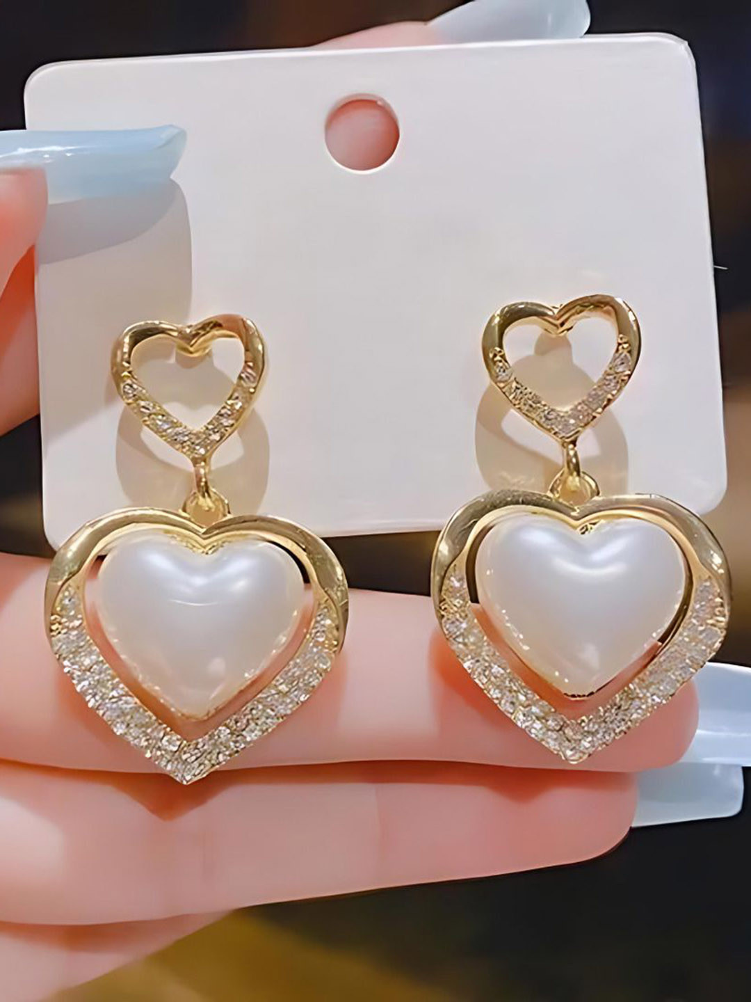 Celestique Rhinestones Studded And Pearls Beaded Heart Shaped Drop Earrings