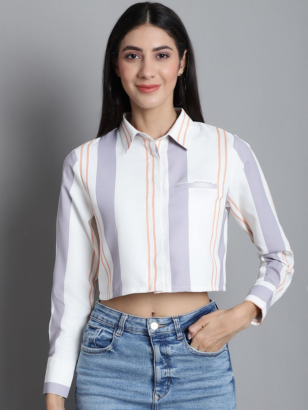JAKANARY Women Comfort Boxy Fit Spread Collar Vertical Striped Cotton Casual Shirt