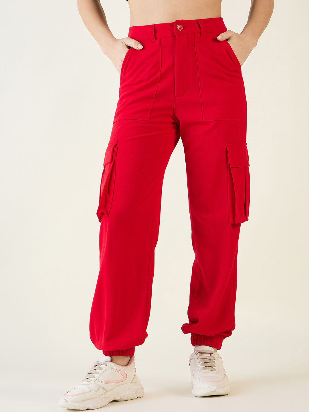 aayu Women Relaxed Loose Fit High-Rise Wrinkle Free Cargo Styles Joggers