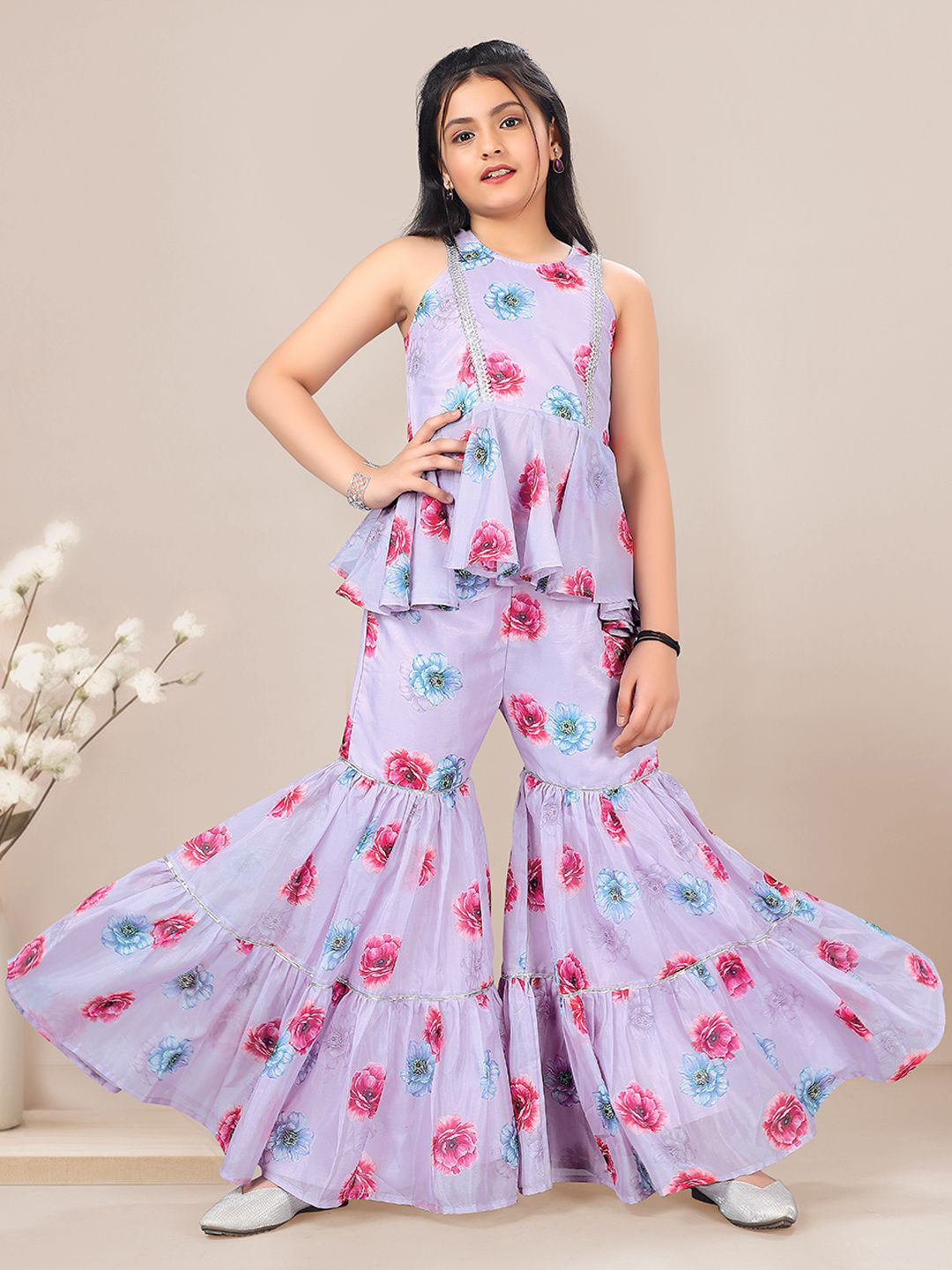 Sangria Lavender Girls Floral Printed Sleeveless Cotton Silk Peplum Kurti With Sharara