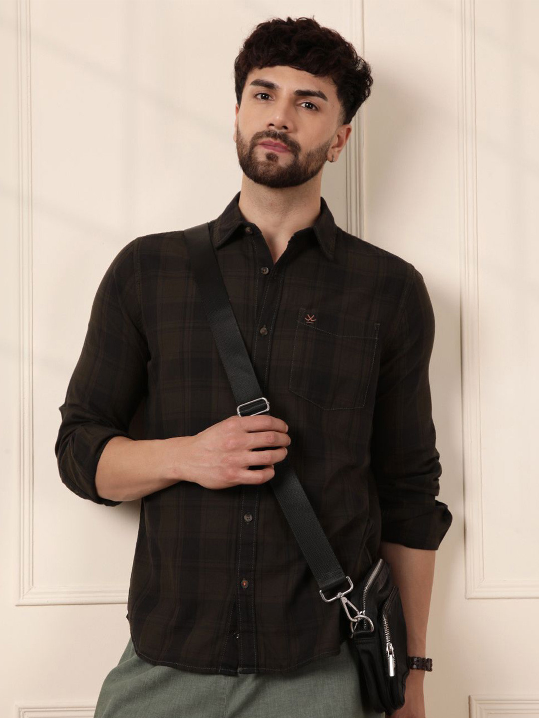 WROGN Men Comfort Fit Spread Collar Tartan Checked Cotton Casual Shirt