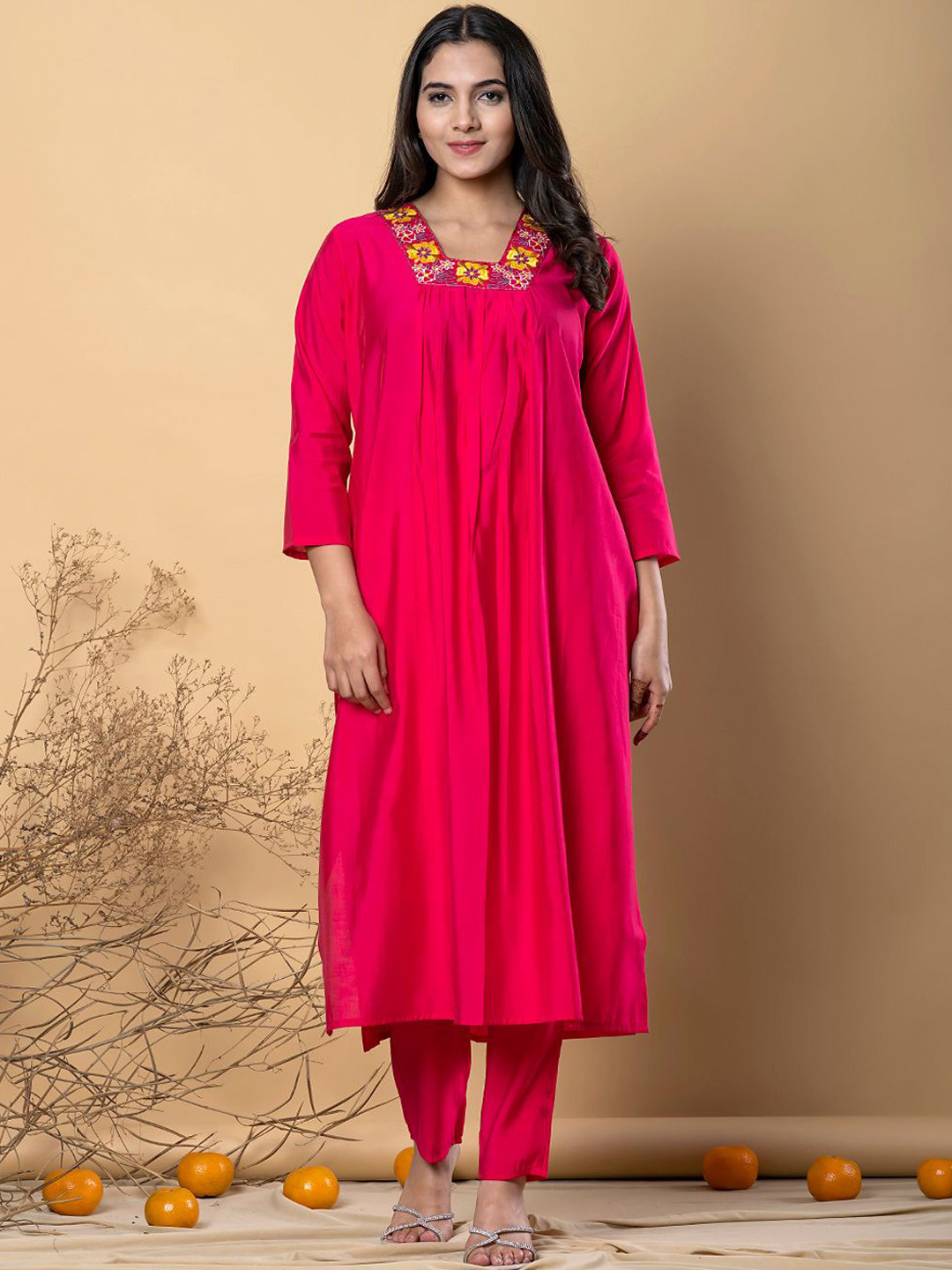 Readiprint Floral Yoke Design Square Neck Pleated A-Line Kurta With Trouser