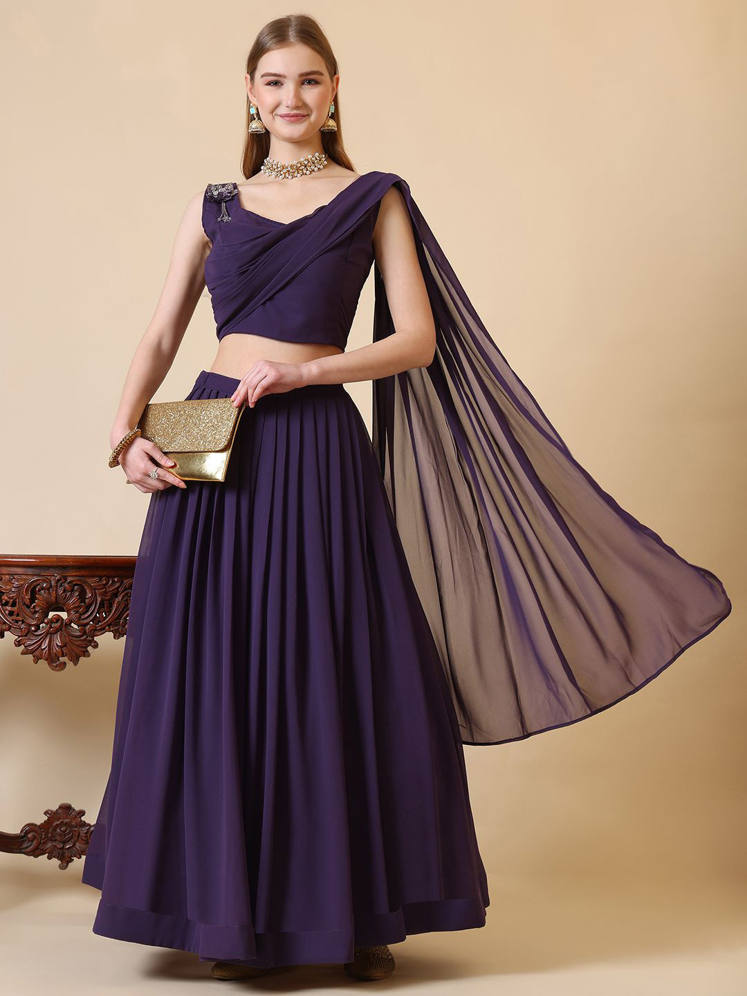 Kinjo Patchwork Georgette Ready To Wear Lehenga & Blouse With Dupatta