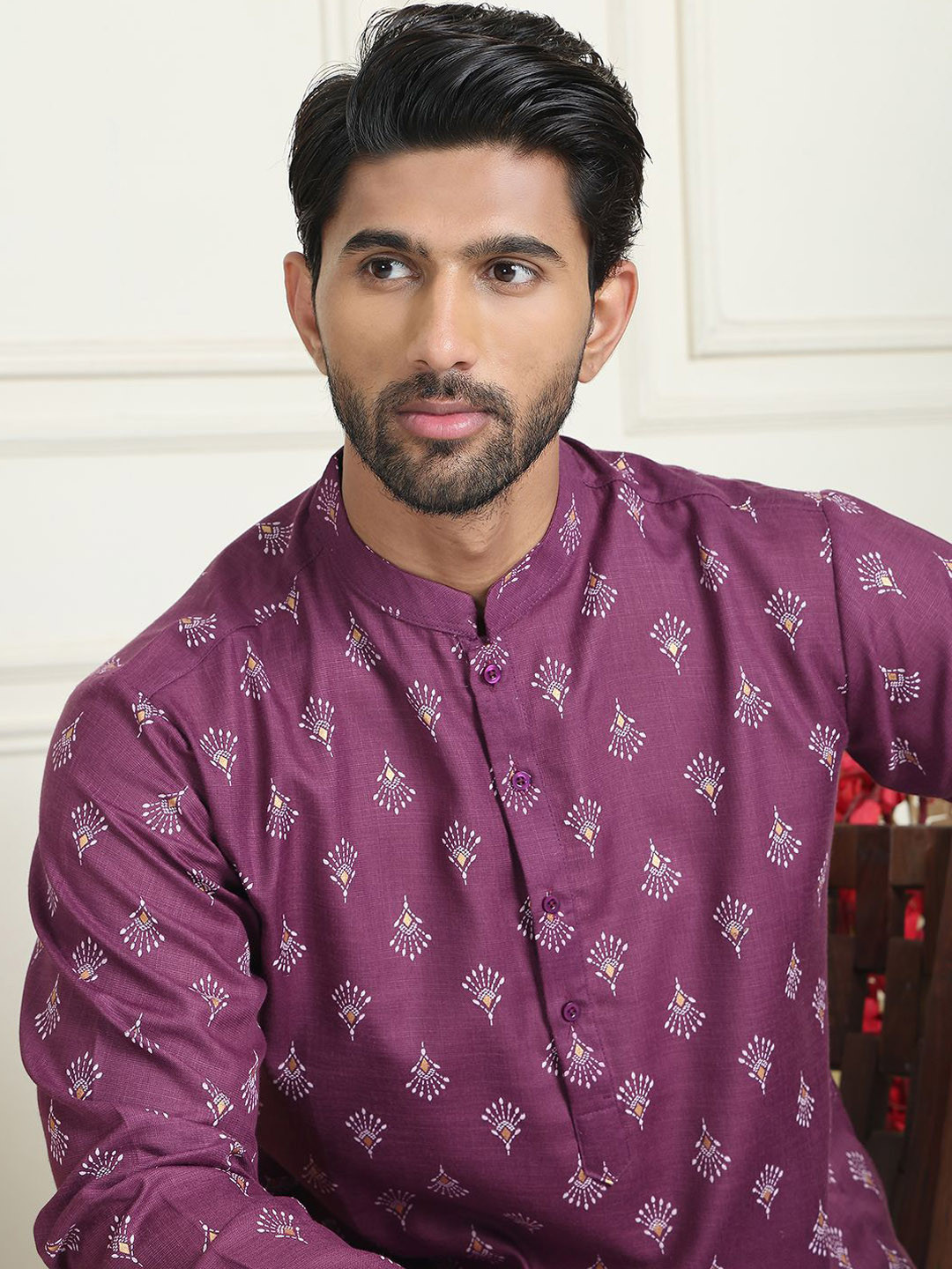 Anouk Purple Floral Printed Mandarin Collar Straiight Kurta