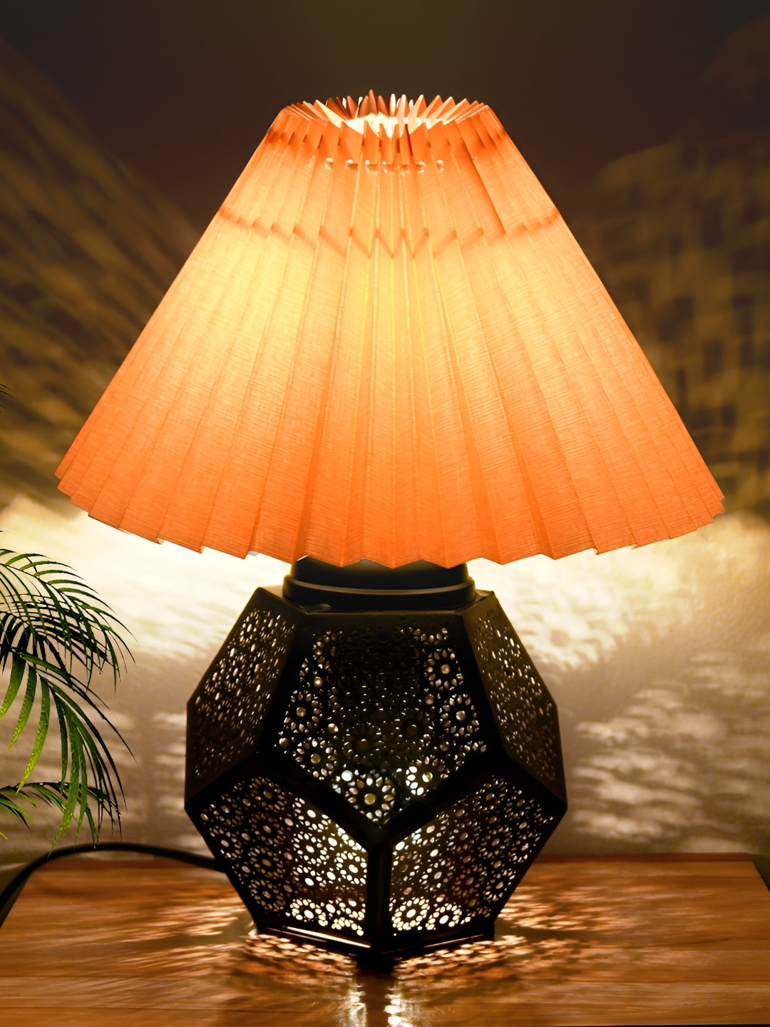 Homesake Beige and Black Floral Textured Metal Frustum Shaped Table Lamp