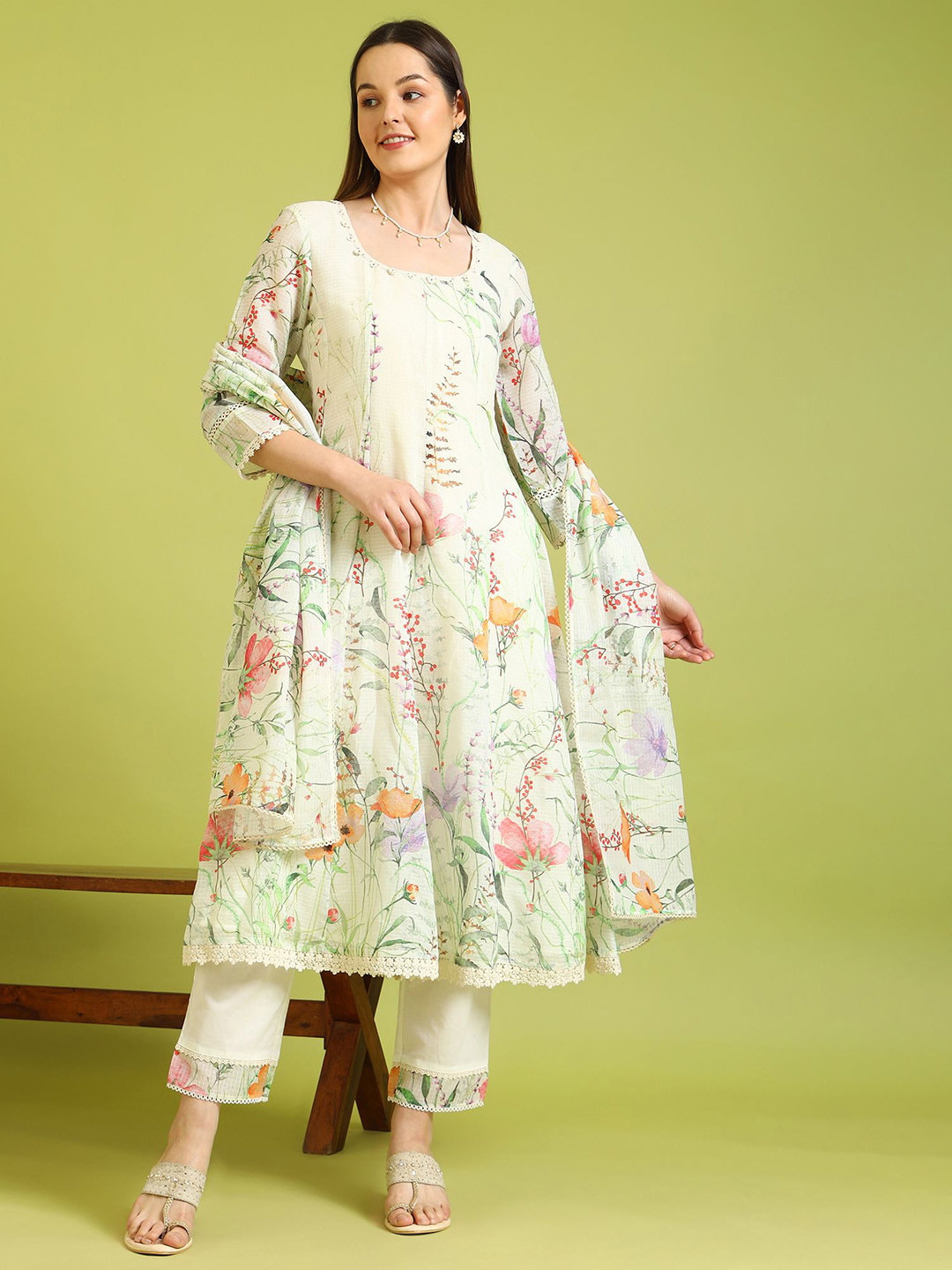 W Cream Floral Printed A-Line Kurta With Trousers And Dupatta