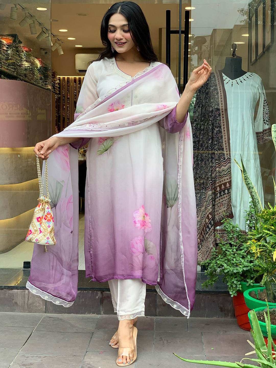 V.S.Creation Floral Printed Mirror Work Organza Straight Kurta with Trousers & Dupatta