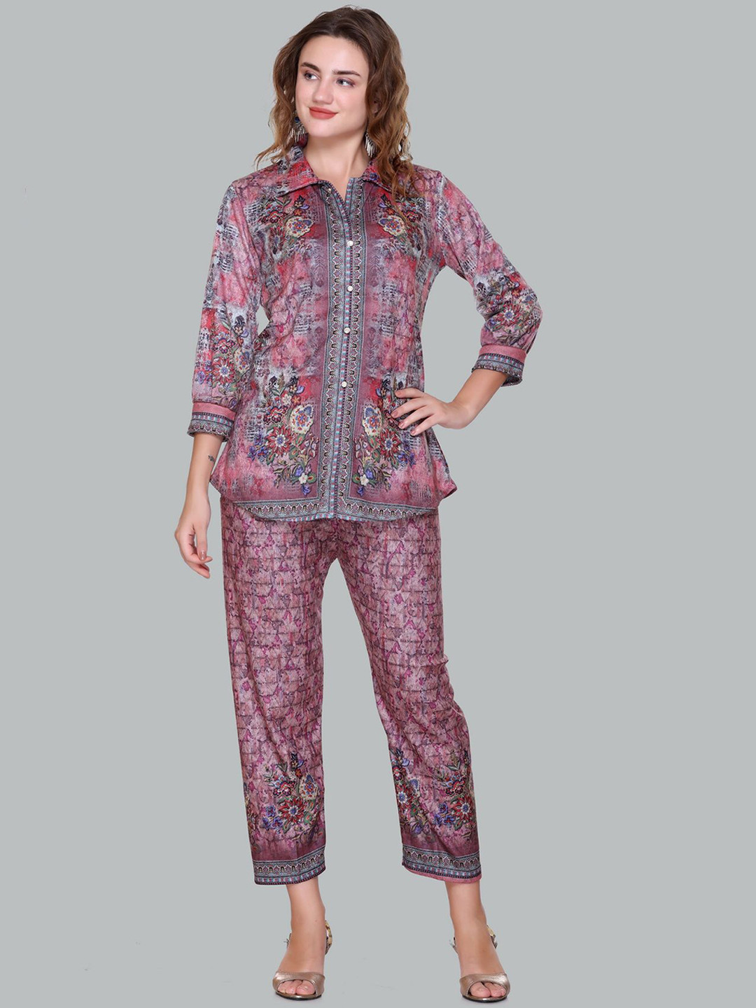 Pink Berry Floral Printed Shirt Collar Long Sleeves Shirt With Trousers