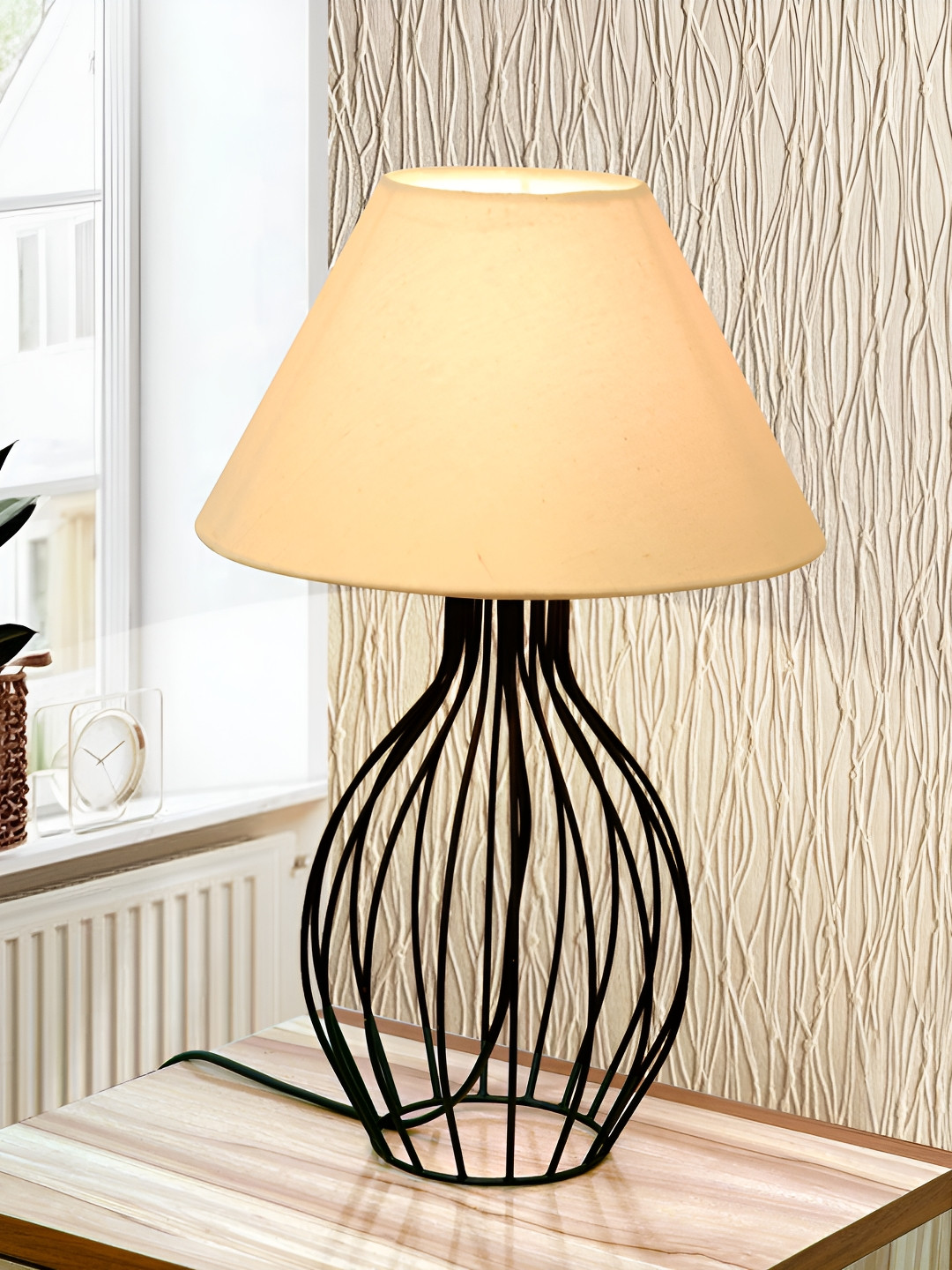 Homesake Beige and Black Metal Cylindrical Shaped Table Lamp