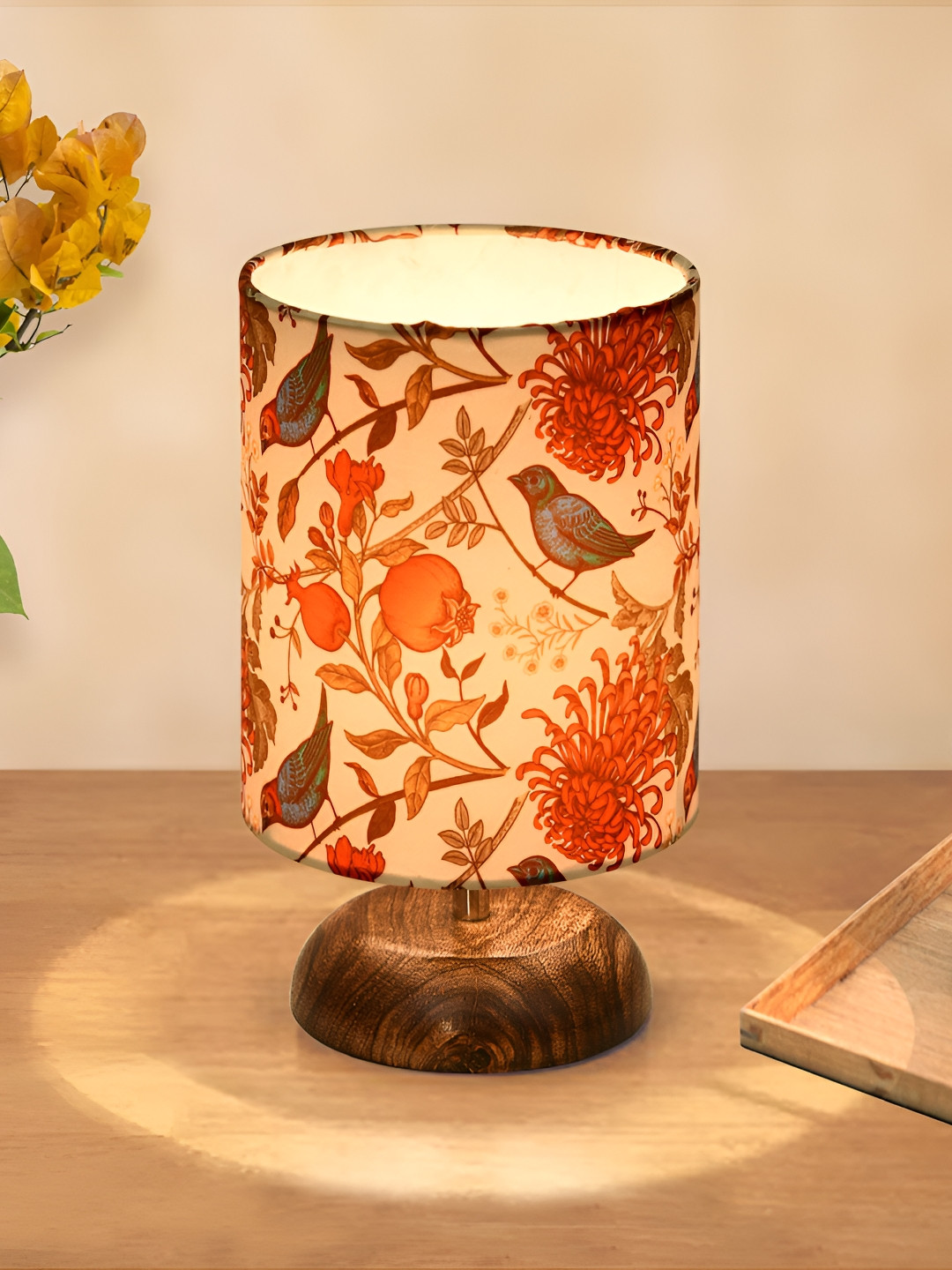 Homesake Beige & Red Bird Printed Cylindrical Shaped Wooden Table Lamp With Antique Base
