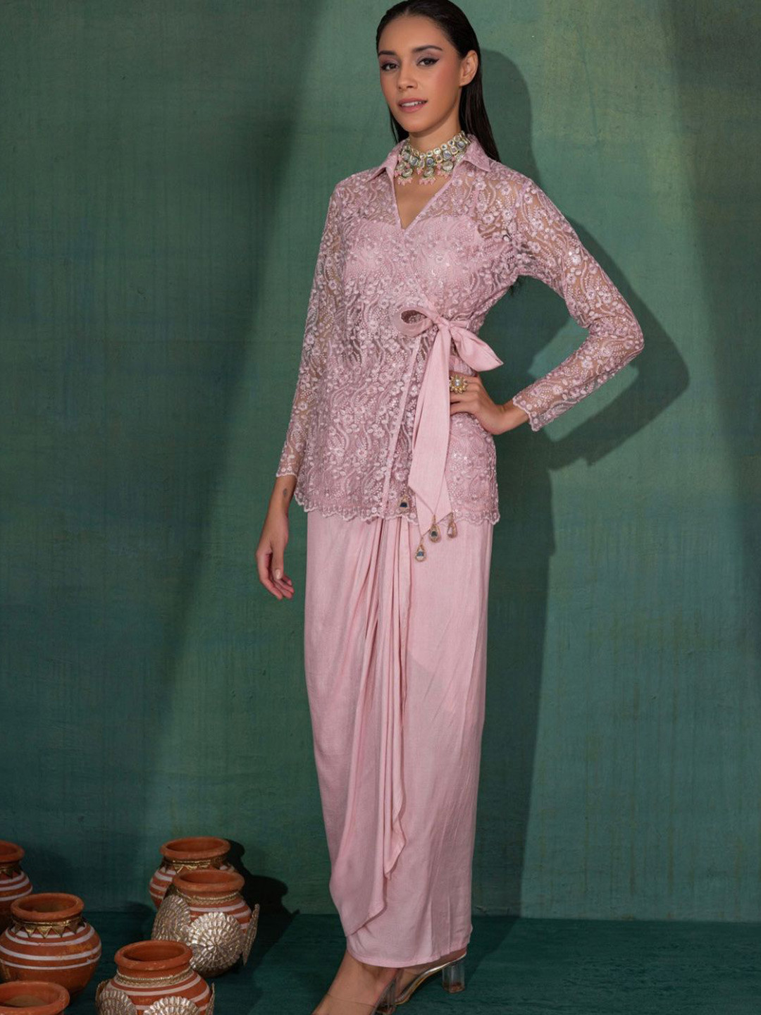SEW Embroidered Shirt Collar Top With Skirt