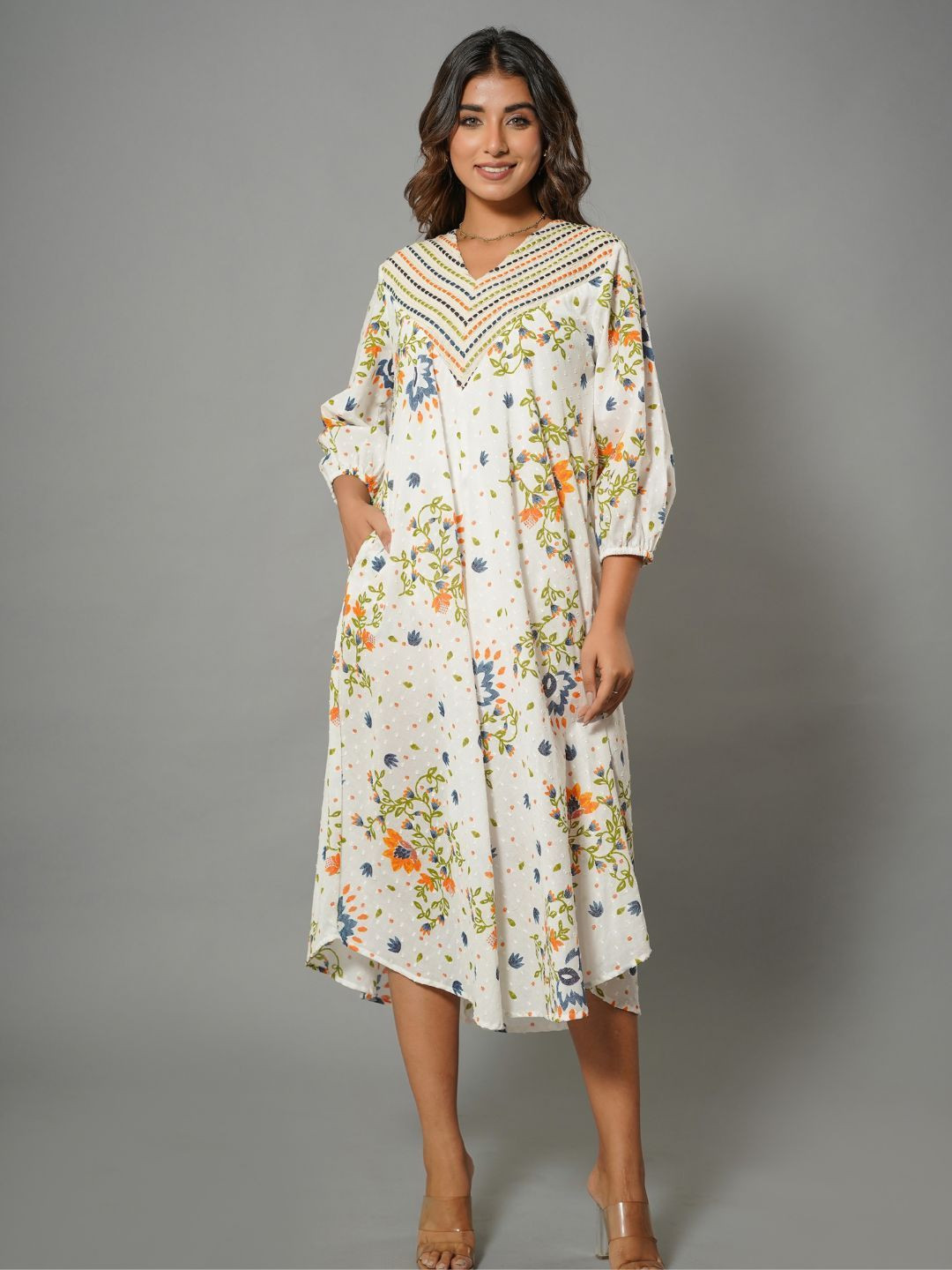 Zolo Label Women Elegant Floral Cotton Midi Dress with Embroidered V-Neck