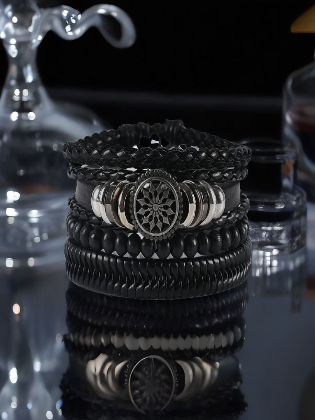 The Roadster Set Of 4 Men Oxidised Silver Beads Wrap Bracelet