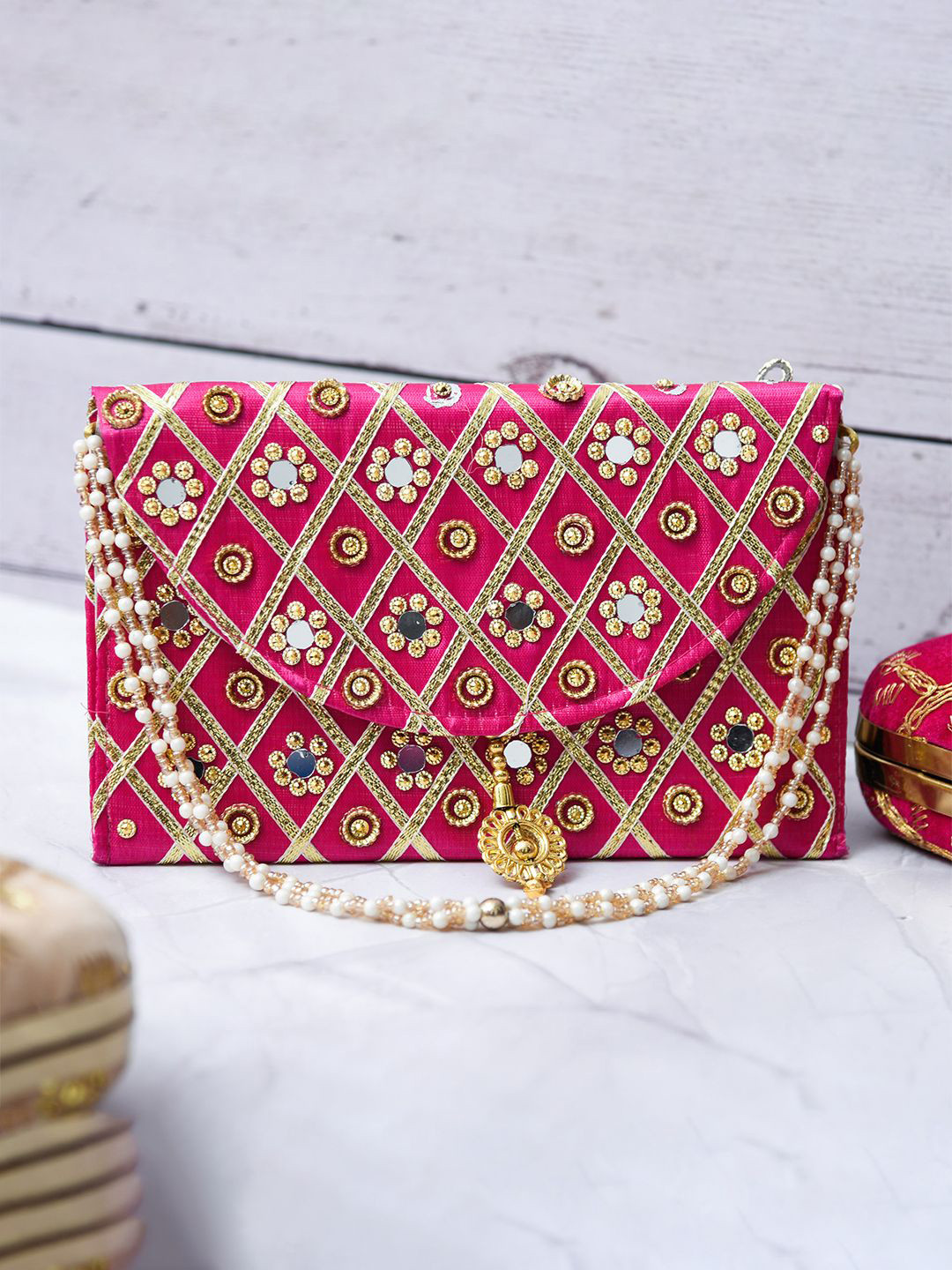 Kuber Industries Embroidered Silk Mirror Check Woman Hand Purse Clutch with Handle