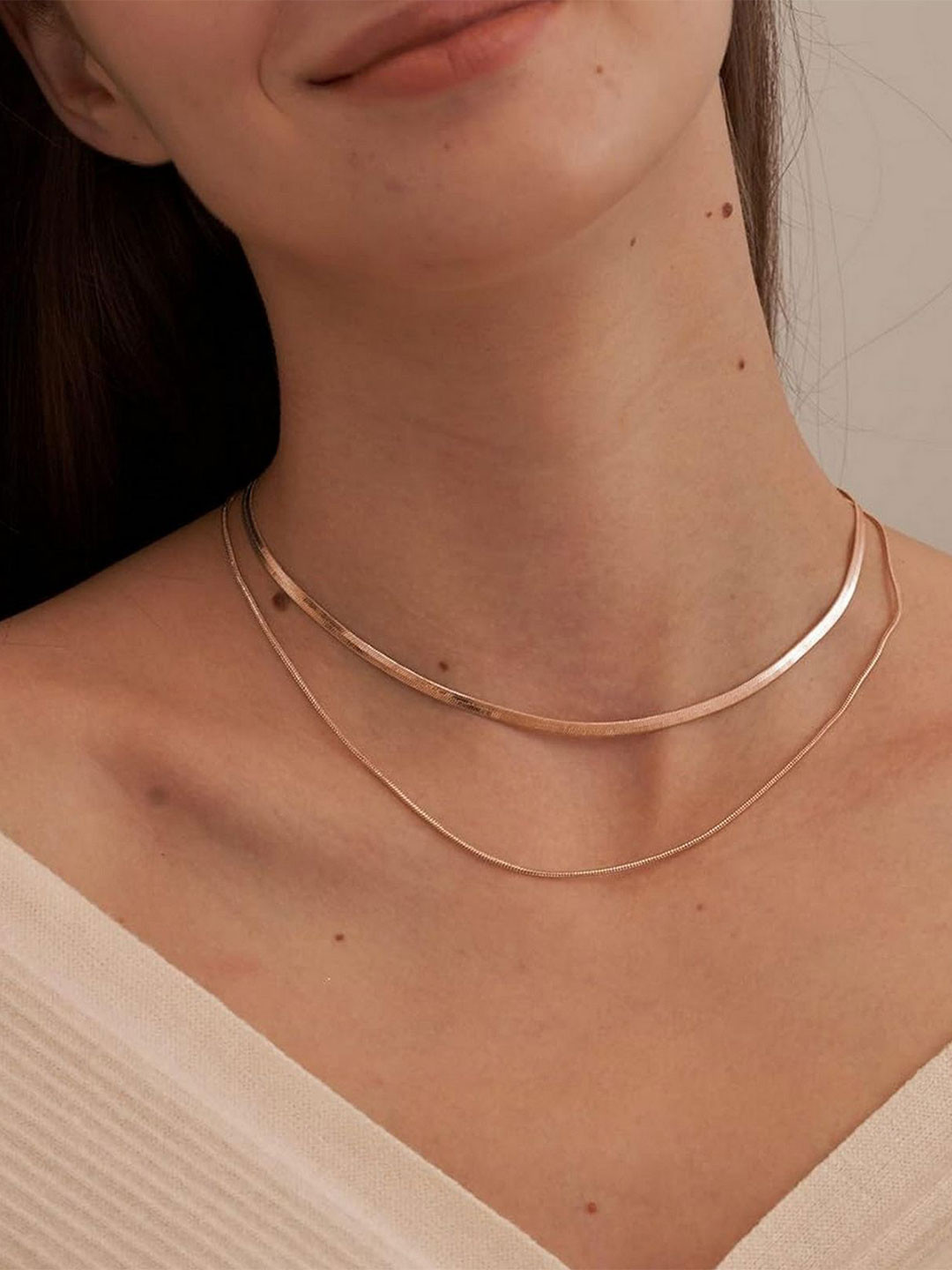 VAMA Women Set Of 2 Stainless Steel Rose Gold Plated Herringbone Snake Layered Chains
