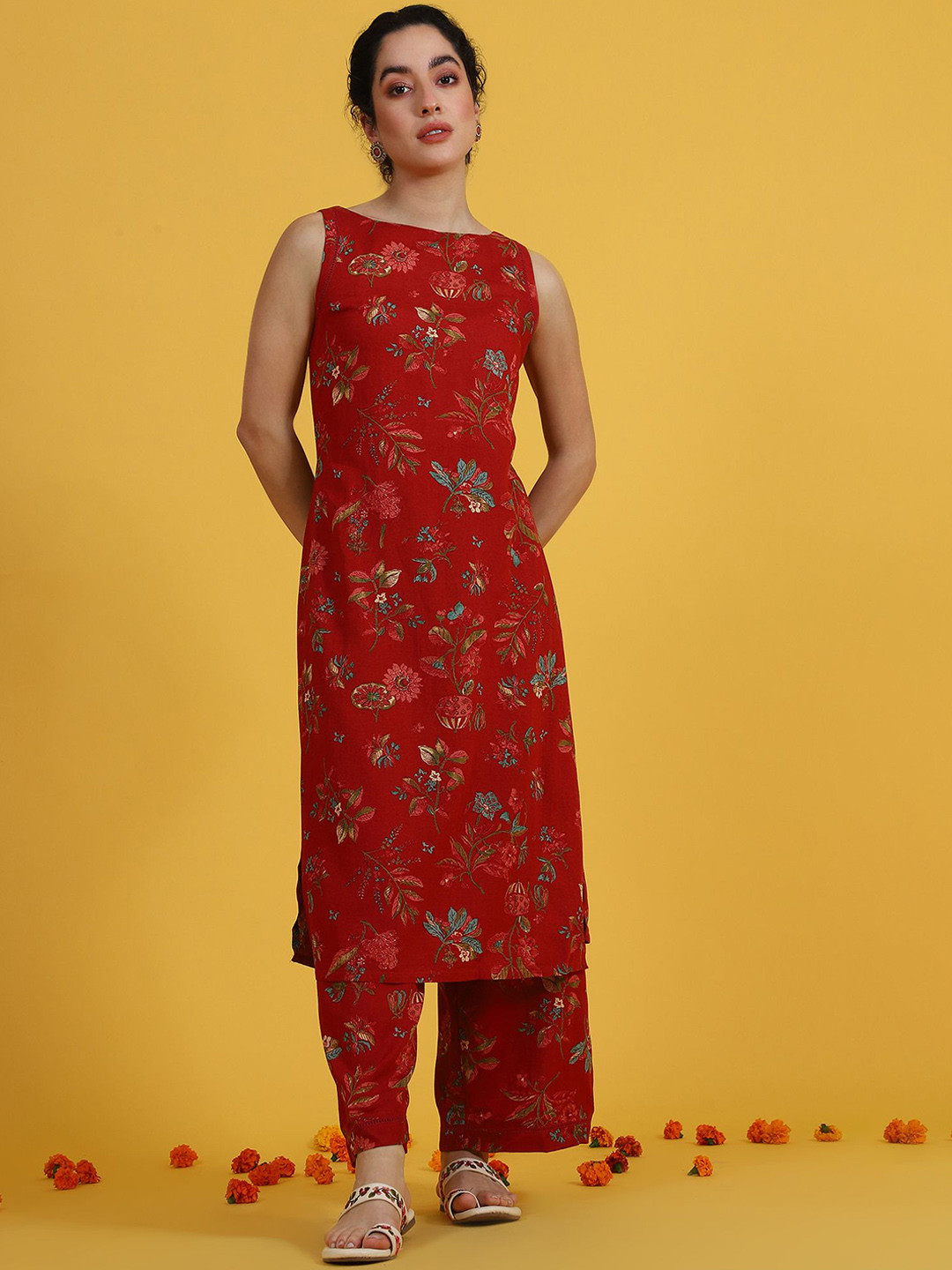 W Red Floral Printed Sleeveless Straight Kurta With Trousers