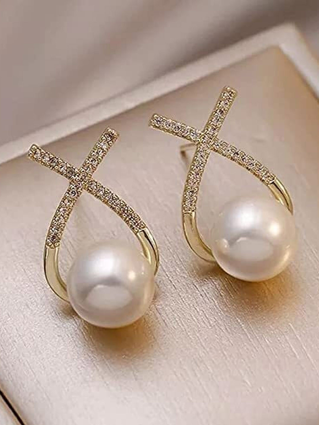 Celestique Artificial Stones Studded & Pearls Beaded Korean Cross Drop Earrings