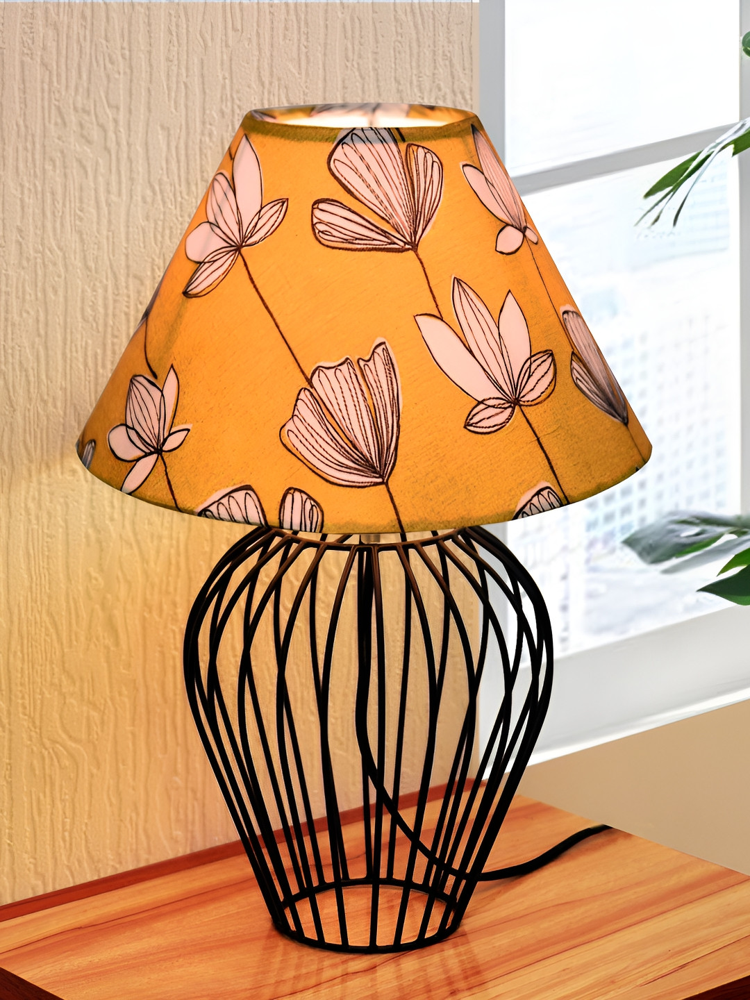 Homesake Yellow and Black Floral Printed Metal Frusturical Shaped Table Lamp