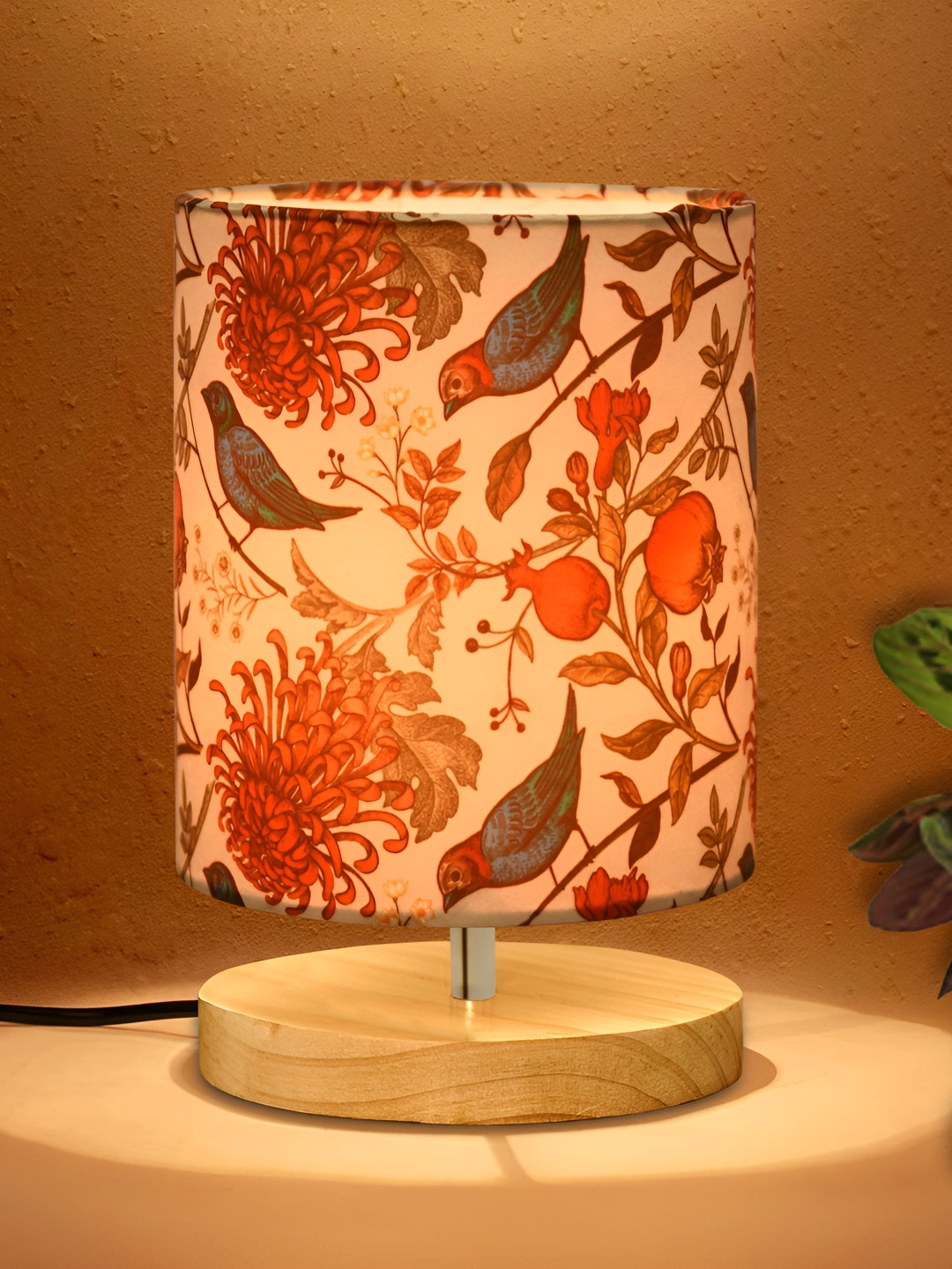 Homesake Pine Red and White Floral Printed Wooden Cylindrical Shaped Table Lamp