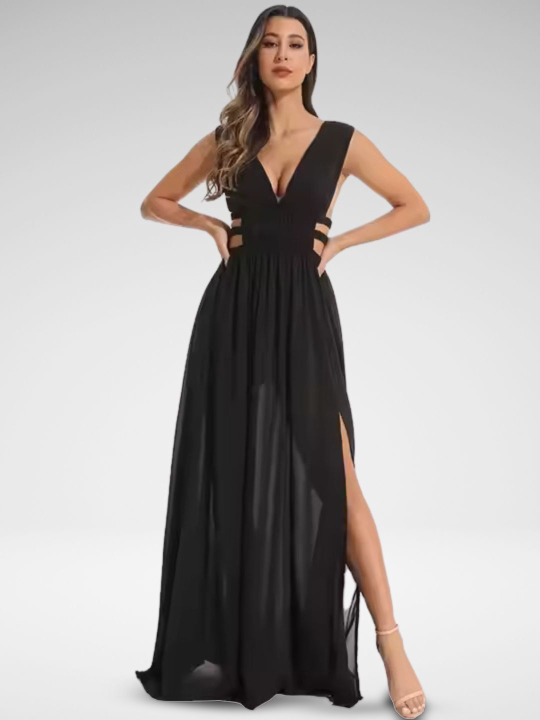 PRIZO Women V-Neck Sleeveless Cut-out & Side Slit Detailed Maxi Dress