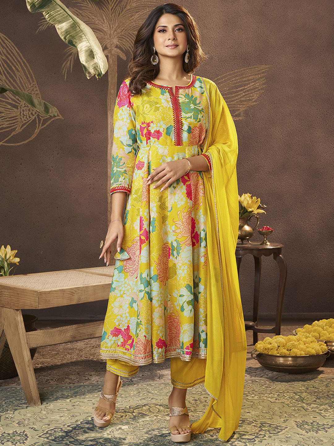 Bhama Couture Jennifer Winget Printed Cotton Silk Anarkali Kurta With Trouser & Dupatta