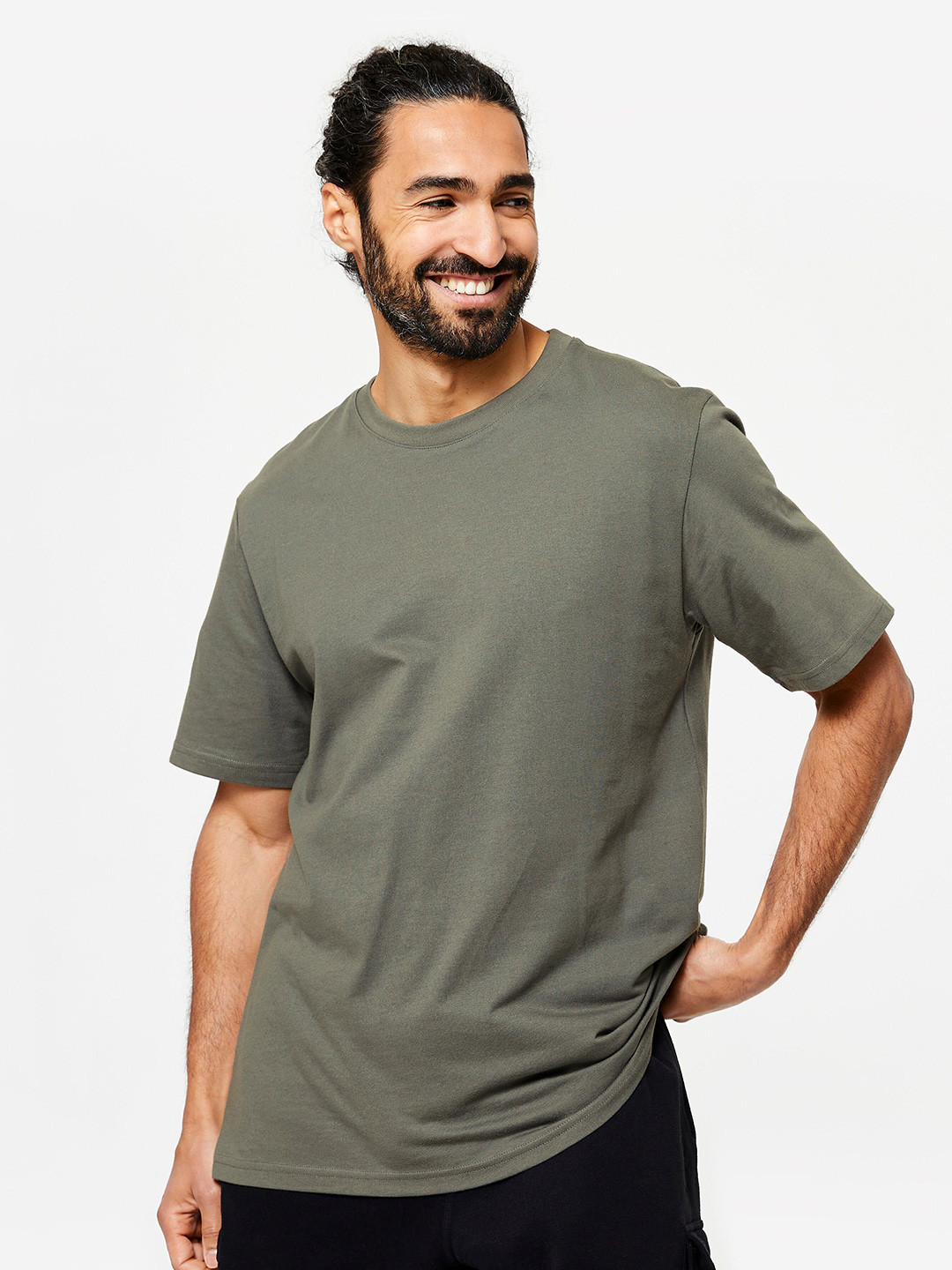 Decathlon DOMYOS - Men Olive Green Cotton Oversized Half-Sleeve Tshirt
